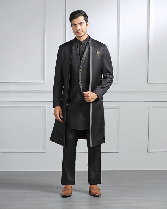 Black Swarn Textured Achkan Set - Stapol