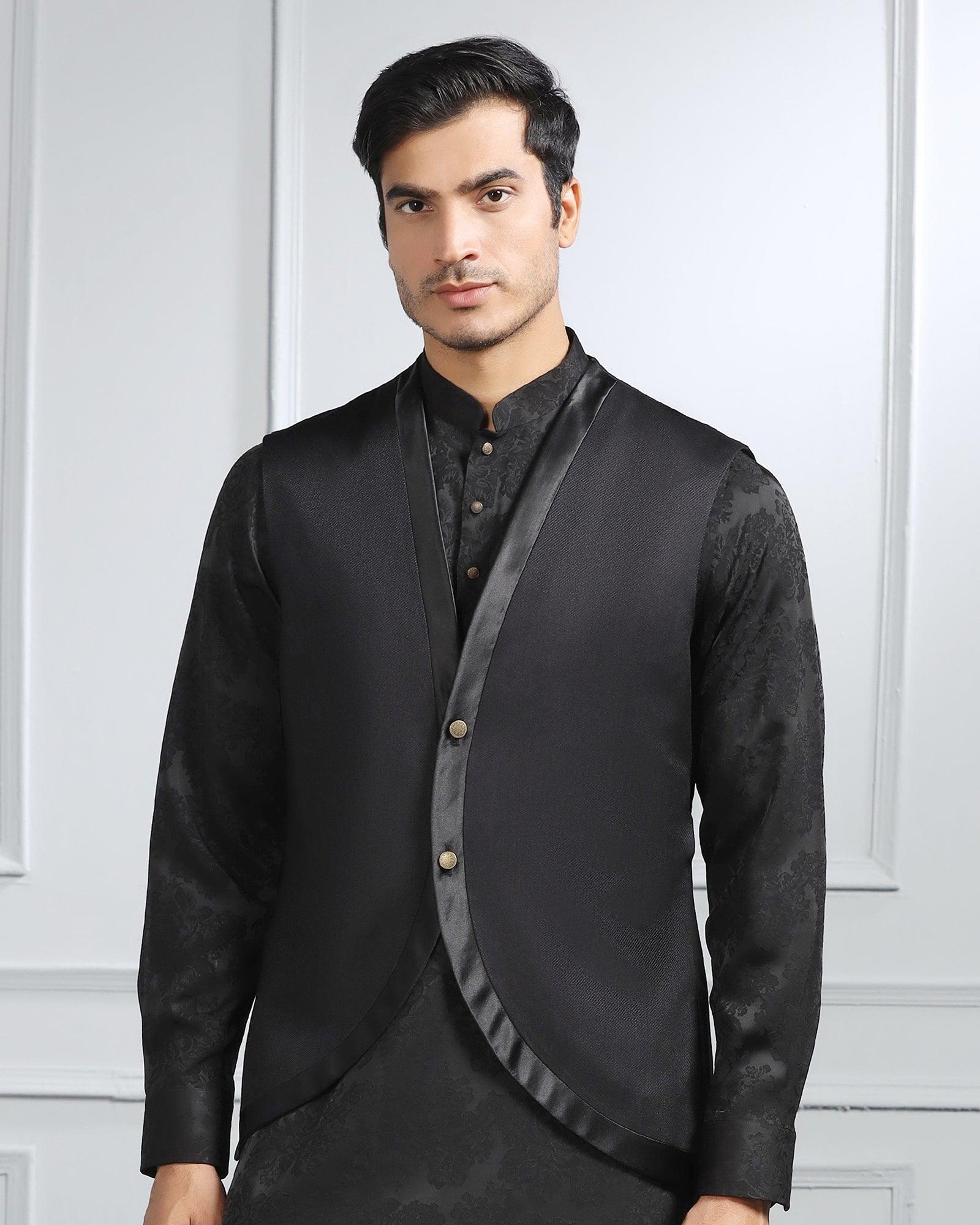 Swarn Multitude 6X Black Textured Achkan Set - Stapol - Blackberrys