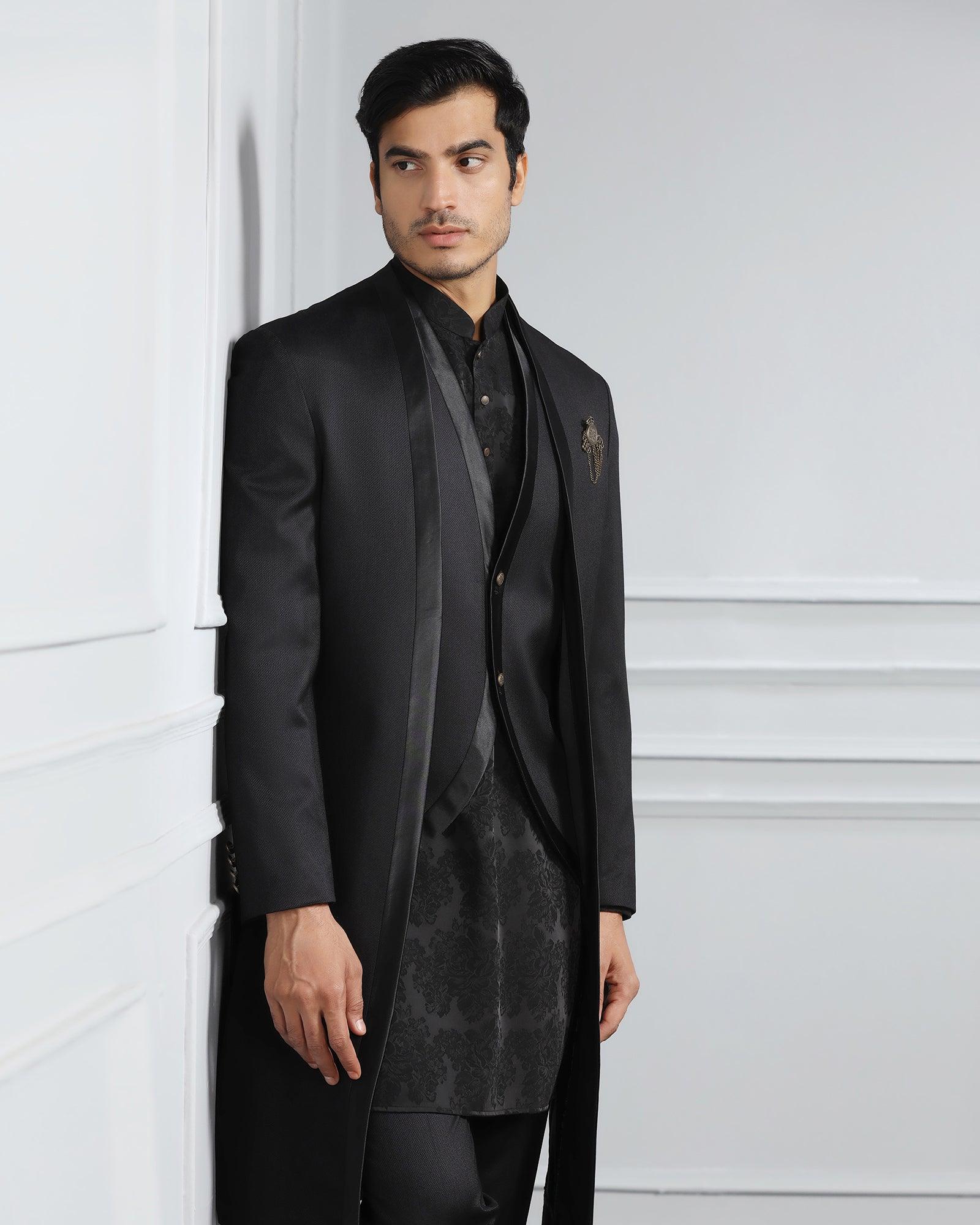Swarn Multitude 6X Black Textured Achkan Set - Stapol - Blackberrys