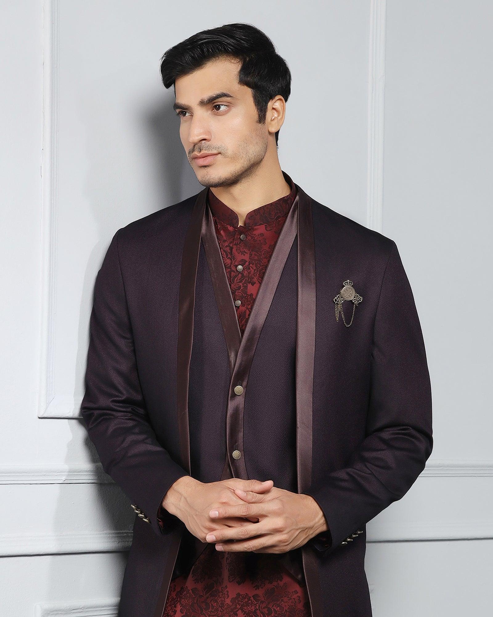 Swarn Multitude 6X Wine Textured Achkan Set - Stapol - Blackberrys