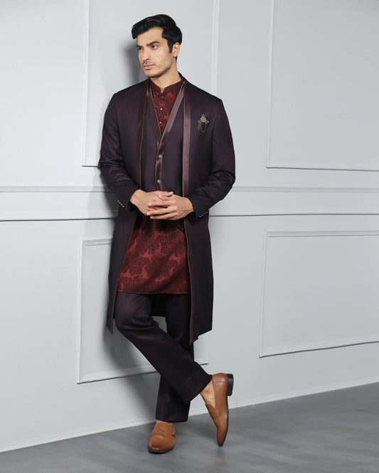 Wine Swarn Textured Achkan Set - Stapol