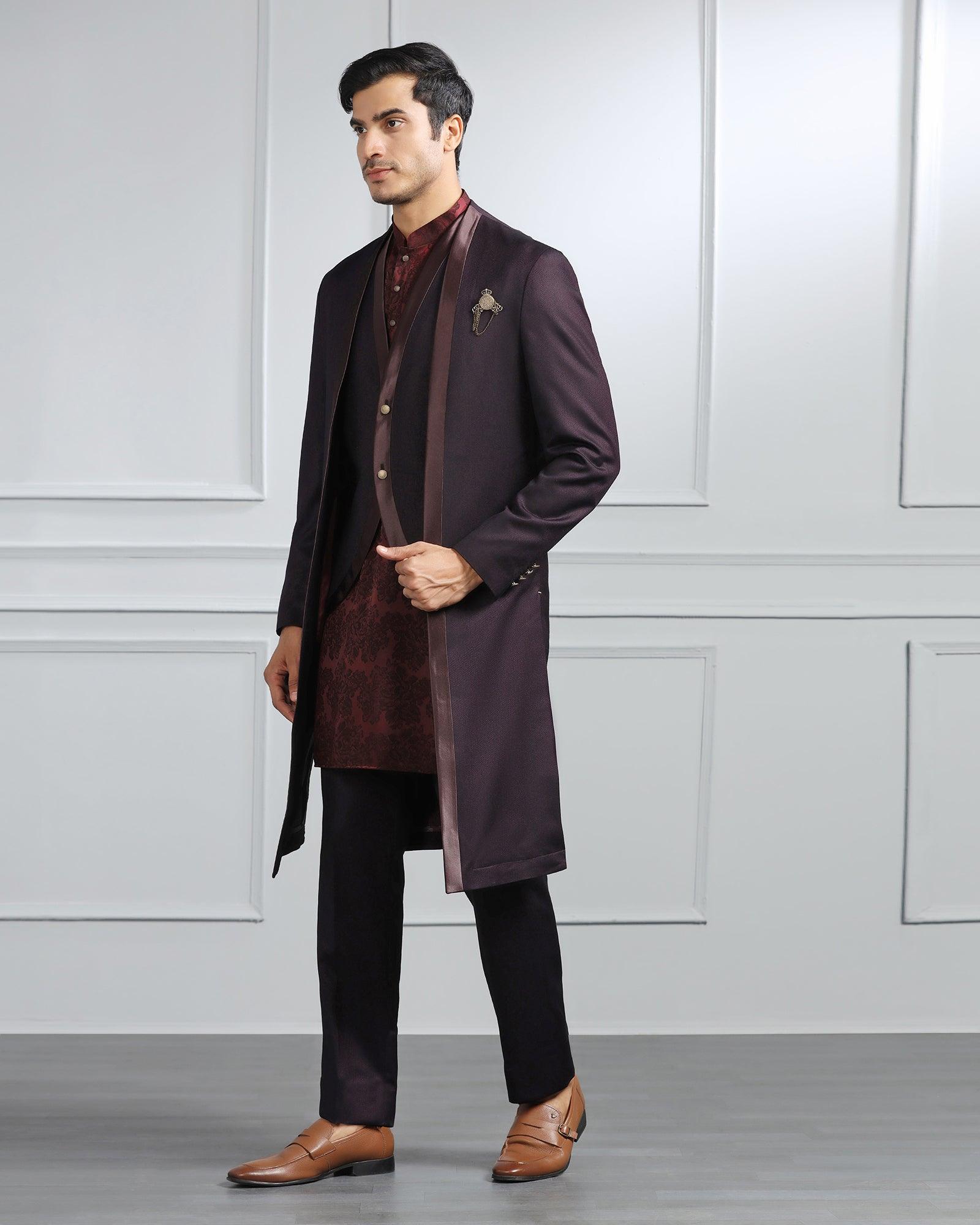 Swarn Multitude 6X Wine Textured Achkan Set - Stapol - Blackberrys