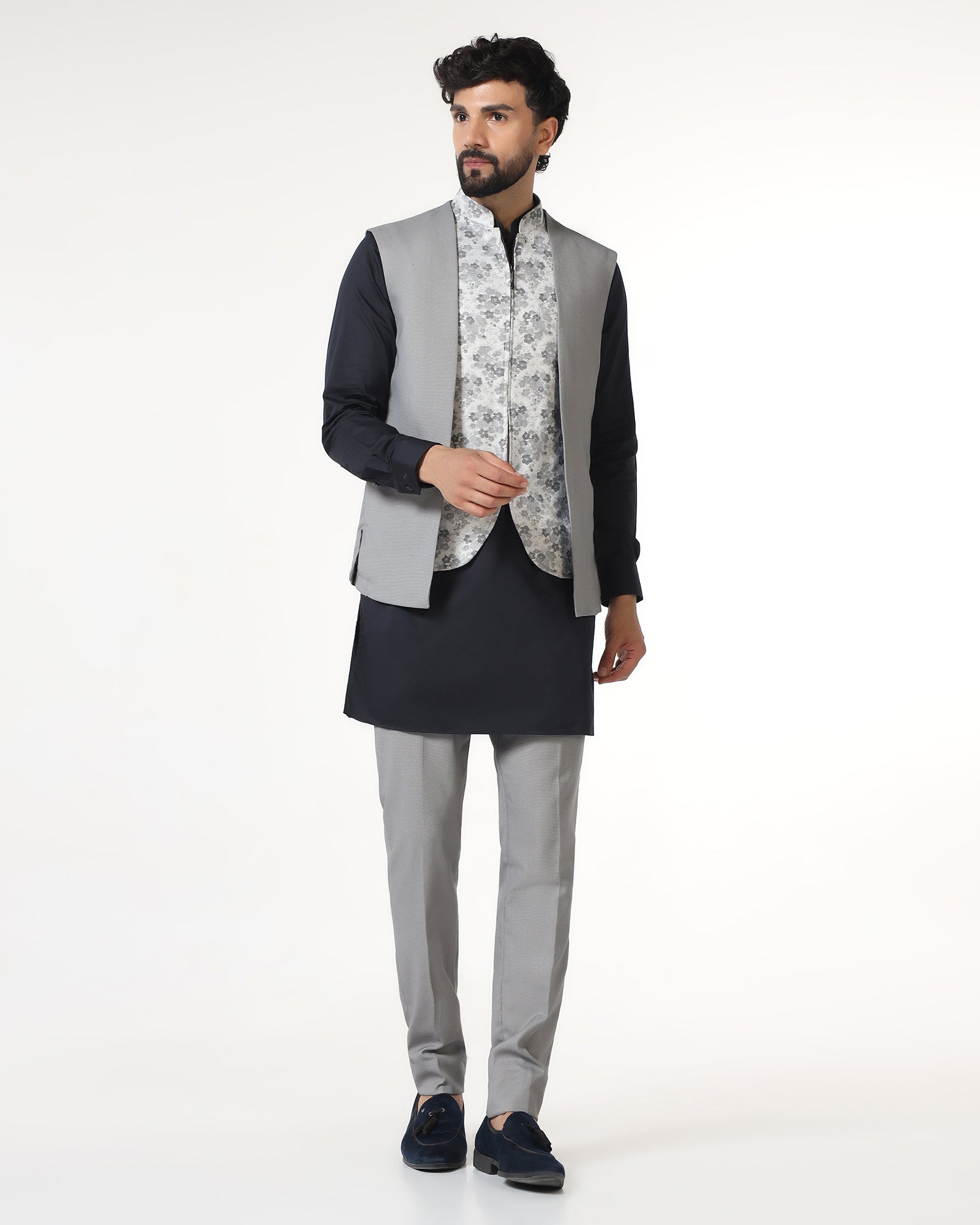 Grey Swarn Textured Achkan Set - Cortez