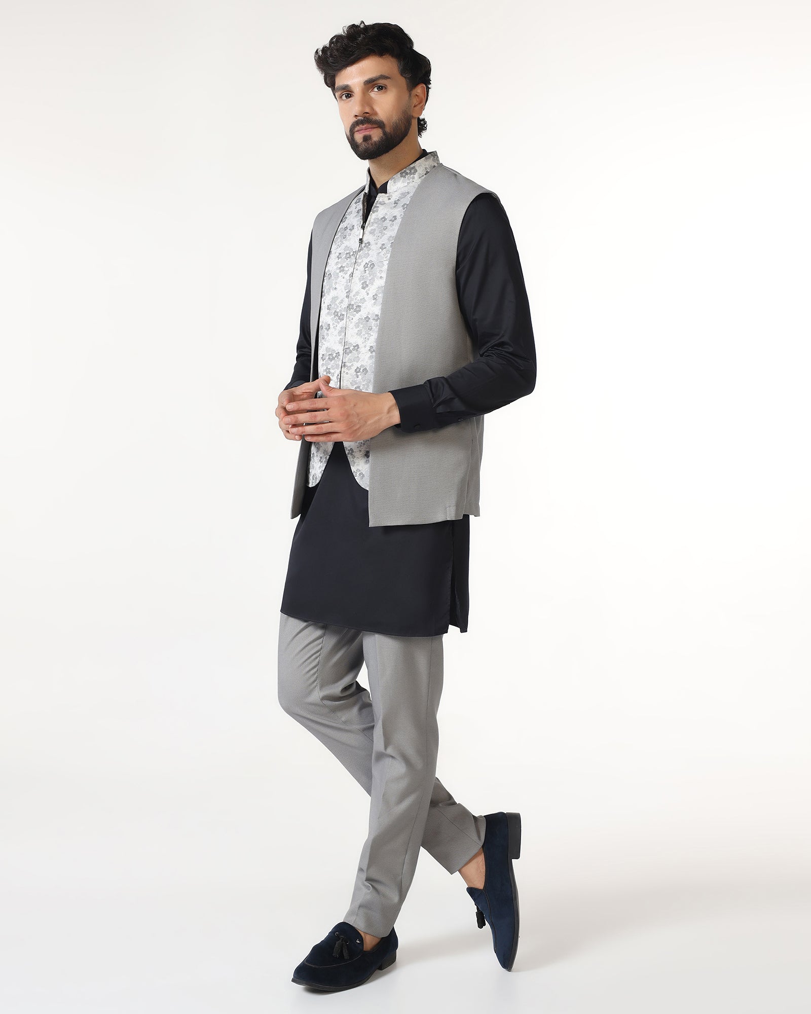 Grey Swarn Textured Achkan Set - Cortez