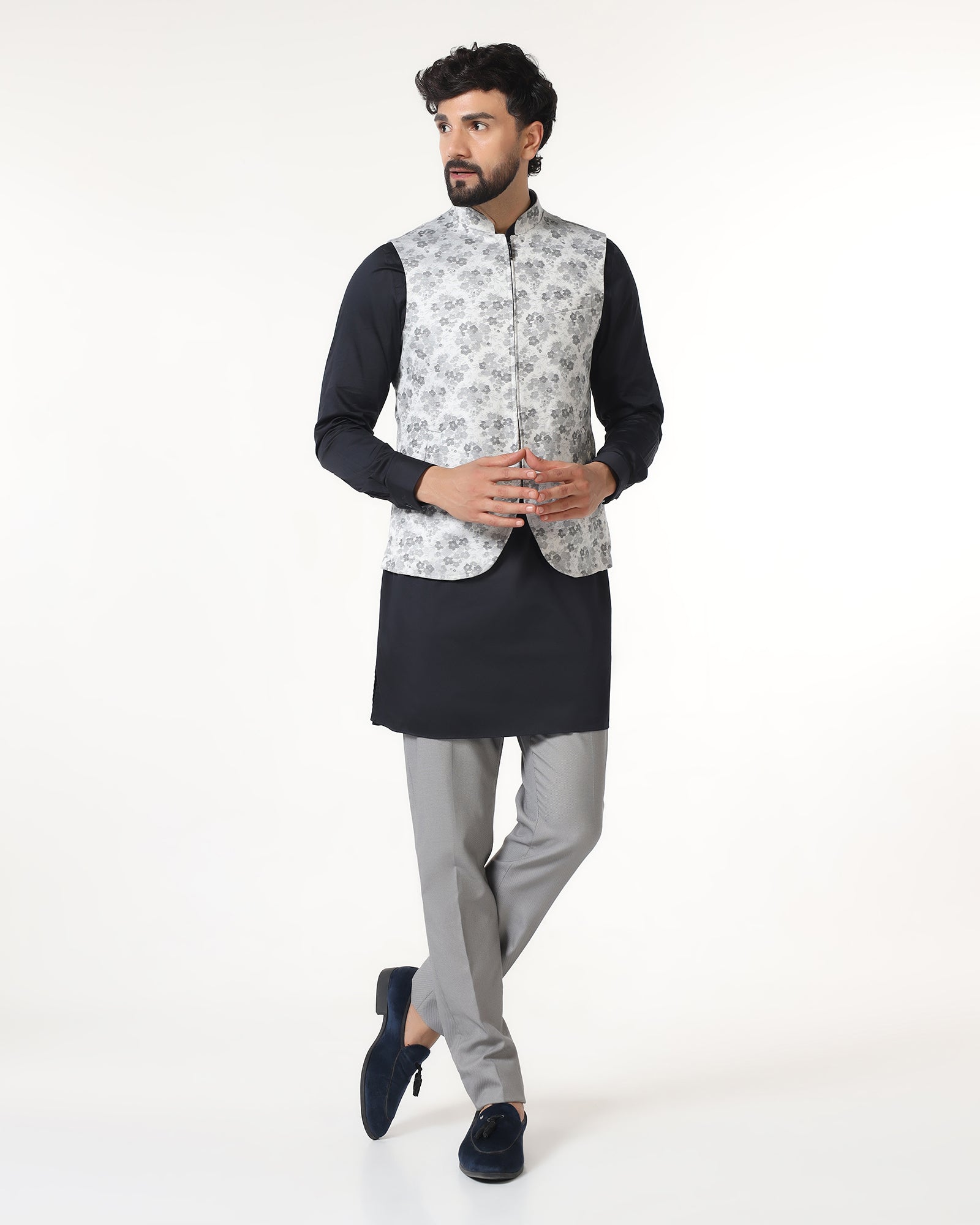 Grey Swarn Textured Achkan Set - Cortez