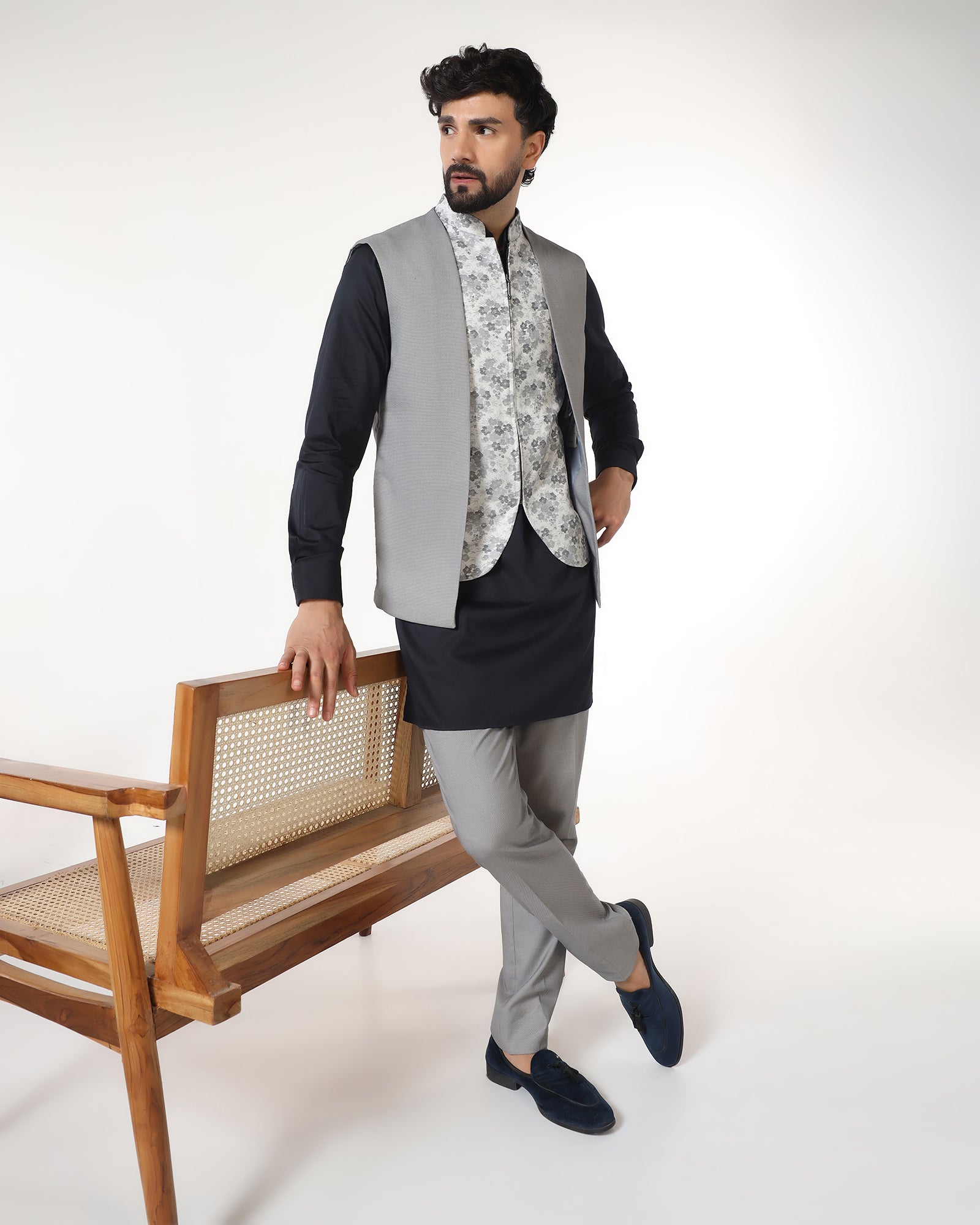 Grey Swarn Textured Achkan Set - Cortez