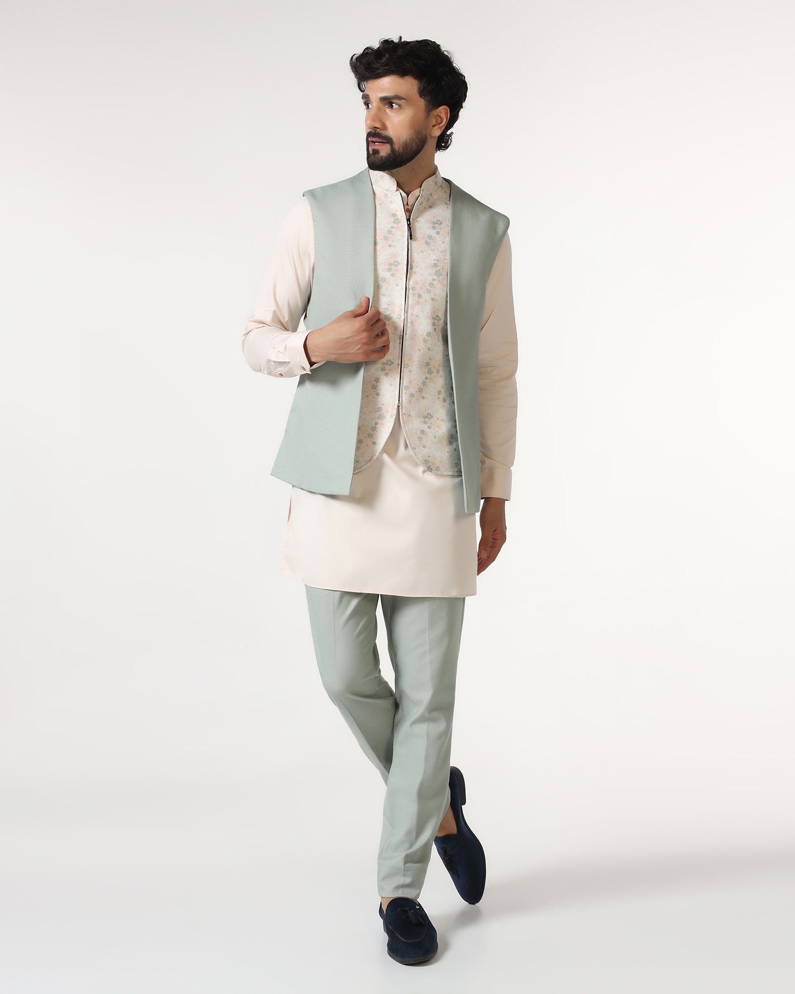 Mint Swarn Textured Achkan Set - Cortez