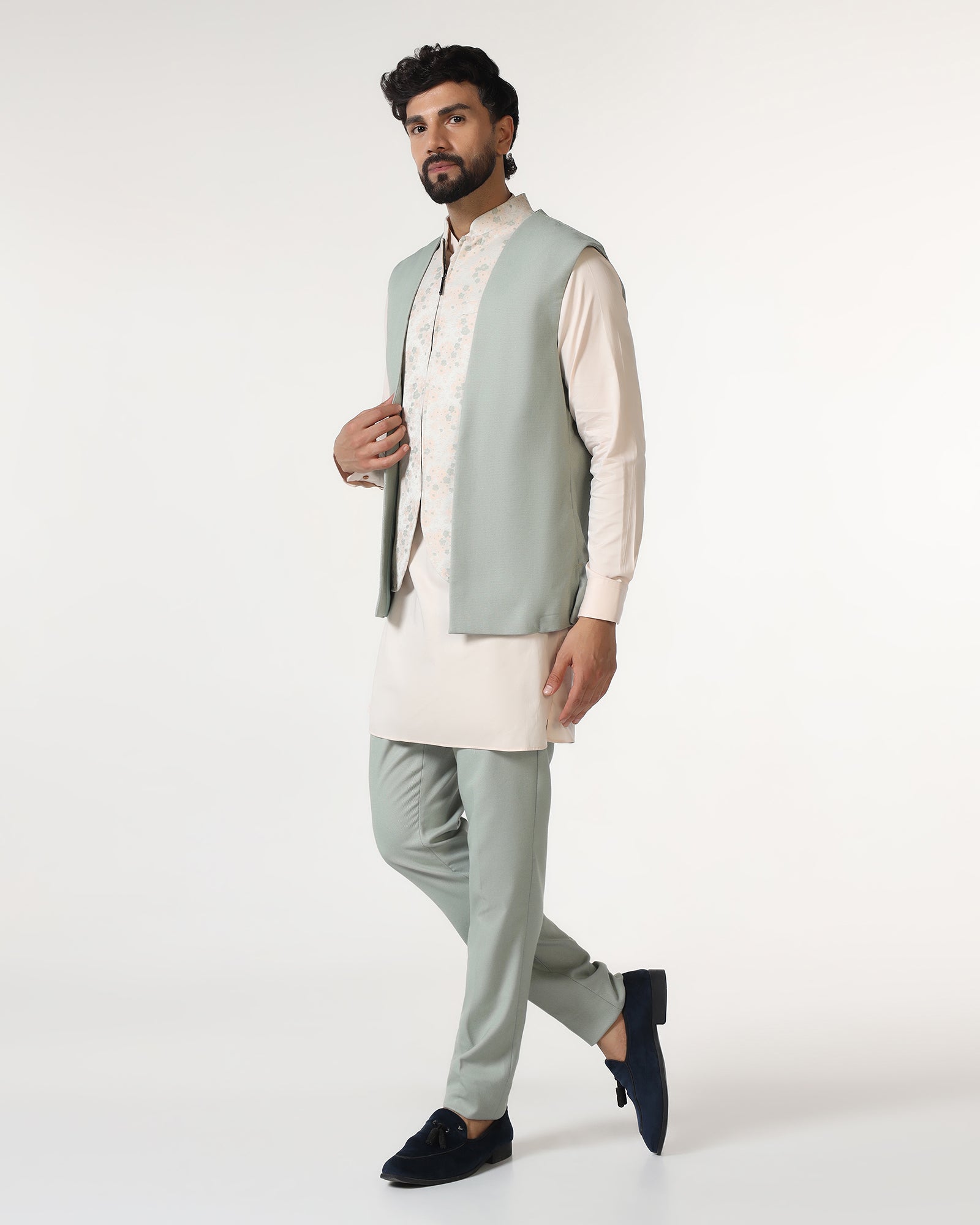Mint Swarn Textured Achkan Set - Cortez