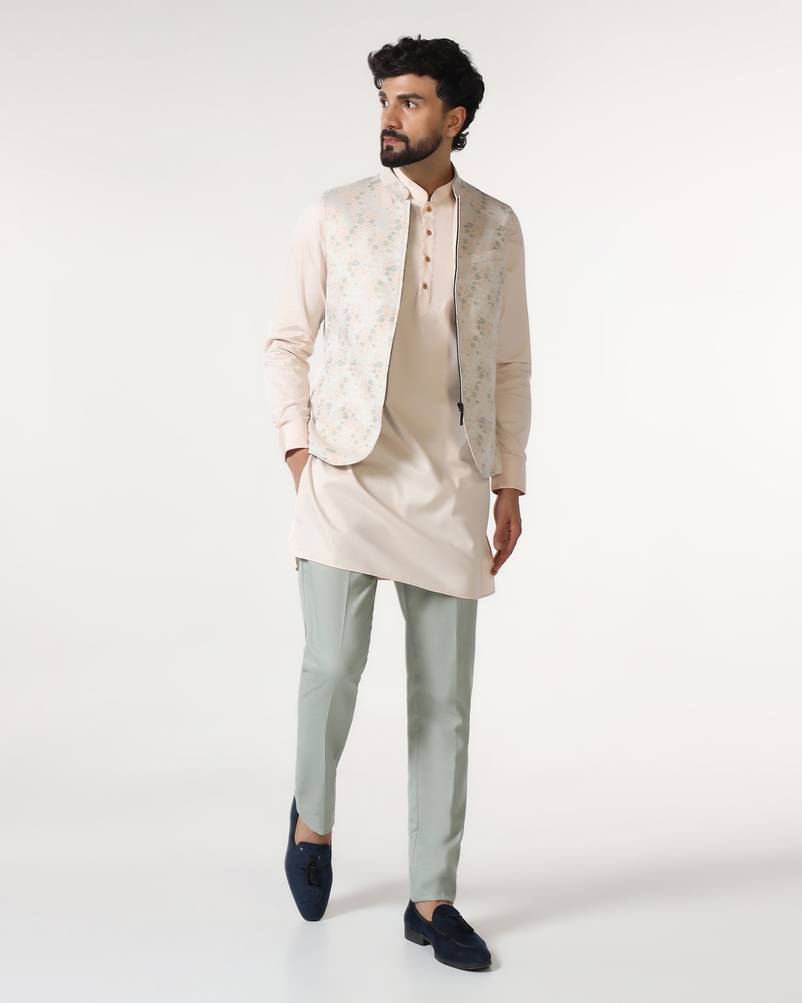 Mint Swarn Textured Achkan Set - Cortez