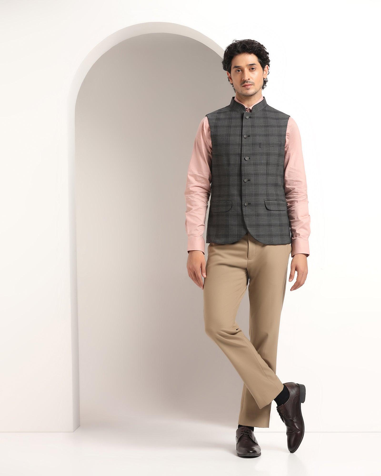 Bandhgala Formal Brown Textured Waistcoat - Kafka - Blackberrys