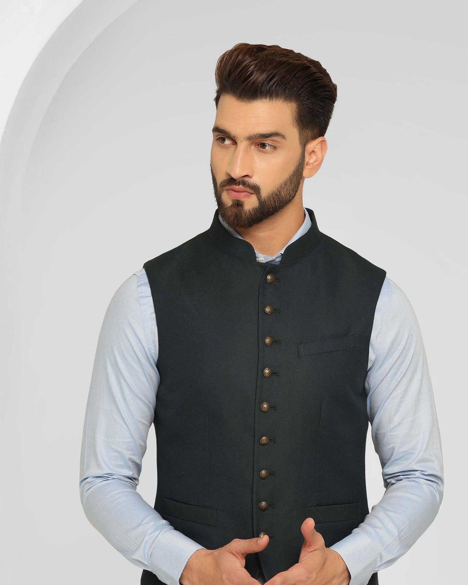 Textured Formal Bandhgala Waistcoat In Dark Green (Ryker) - Blackberrys
