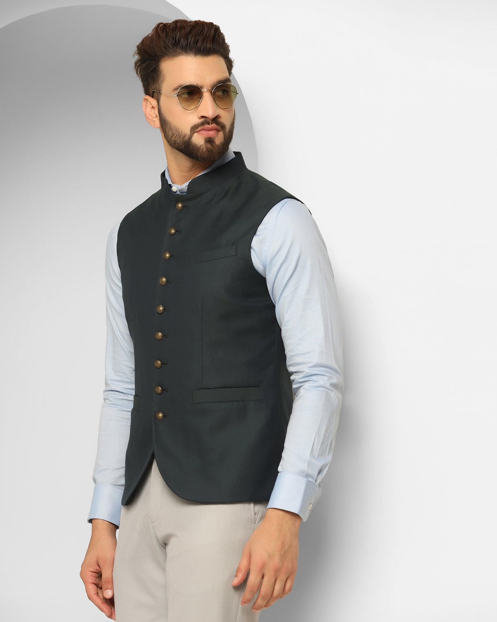 Textured Formal Bandhgala Waistcoat In Dark Green (Ryker) - Blackberrys