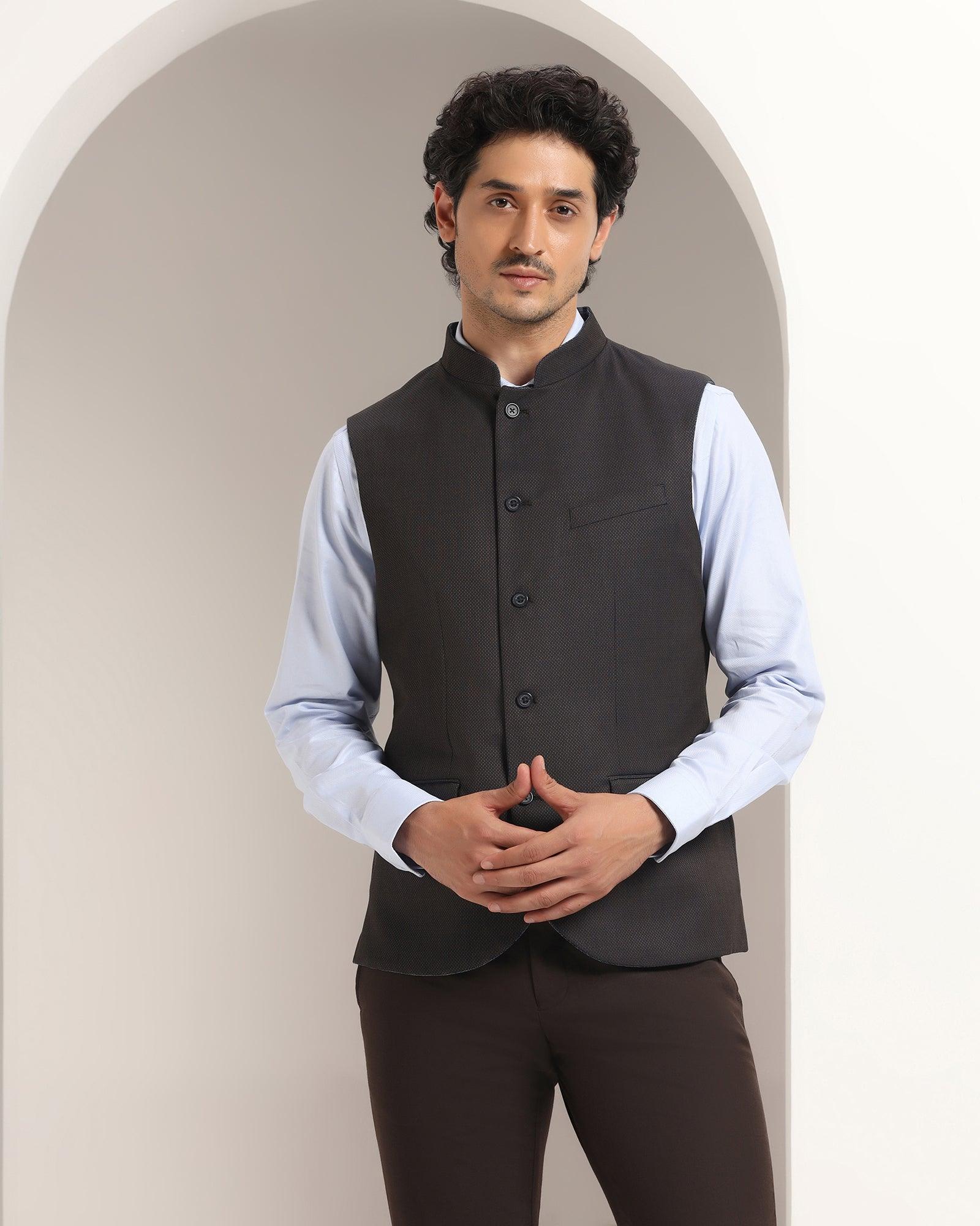 Bandhgala Formal Navy Textured Waistcoat - Kafka - Blackberrys