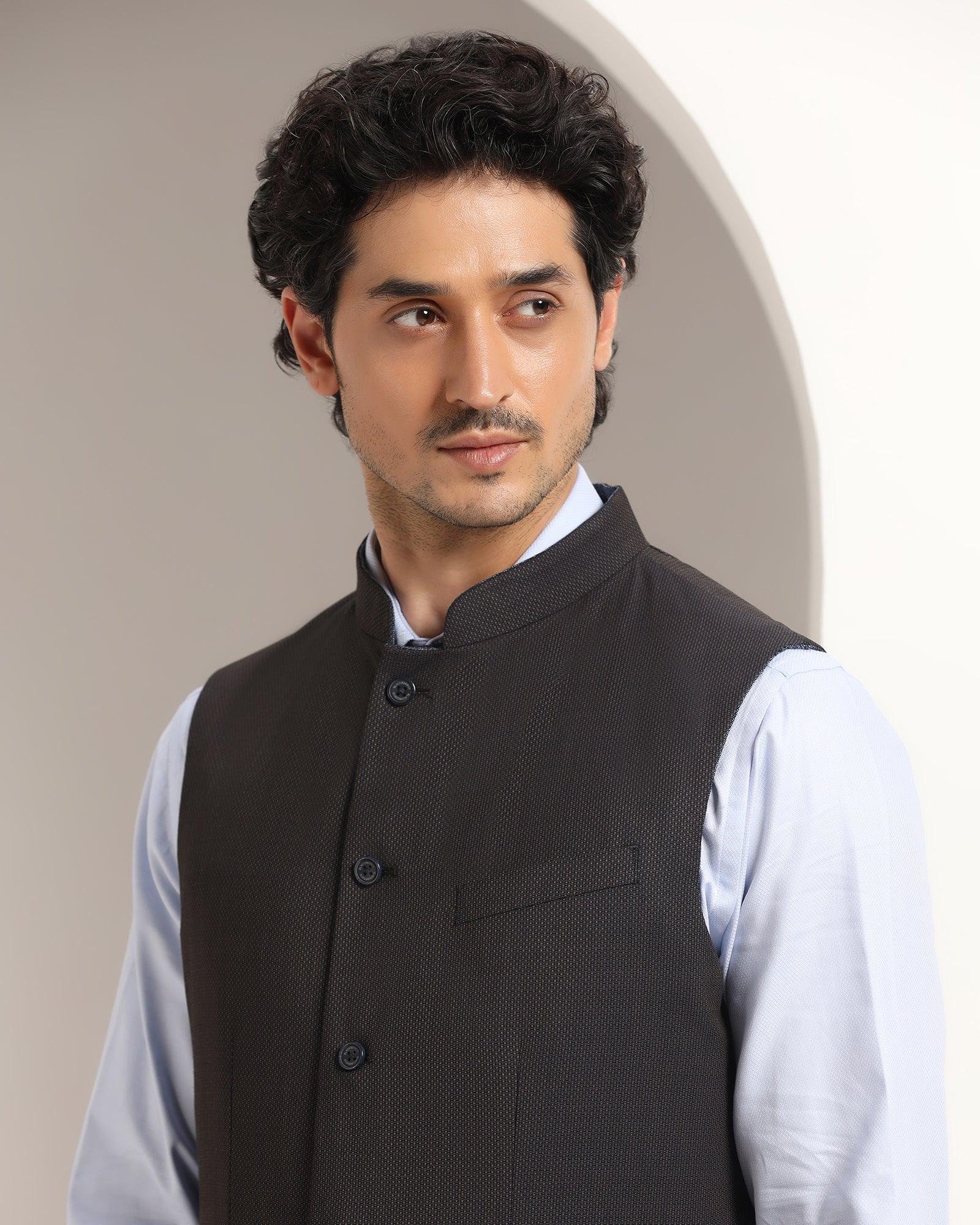 Bandhgala Formal Navy Textured Waistcoat - Kafka - Blackberrys