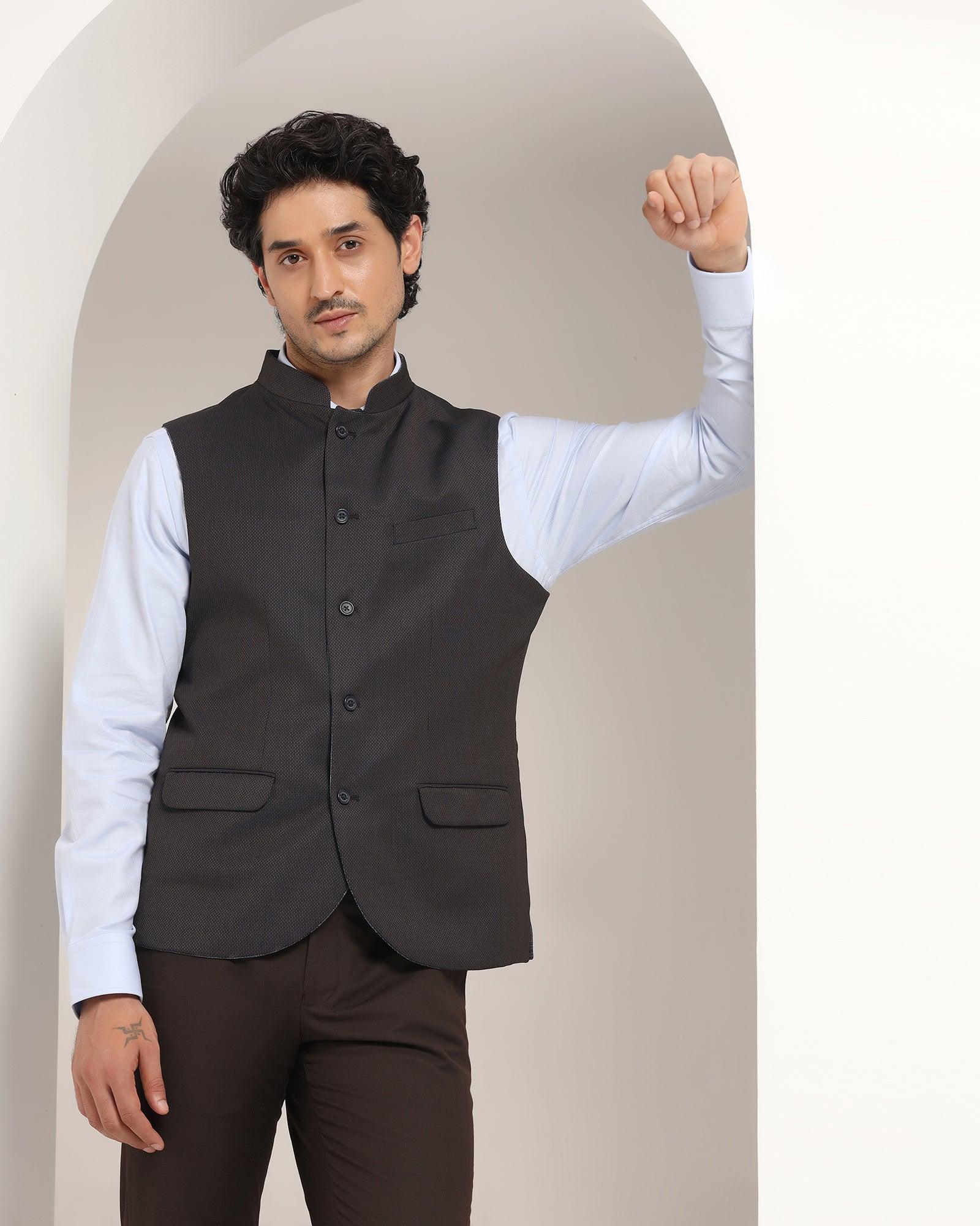 Bandhgala Formal Navy Textured Waistcoat - Kafka - Blackberrys