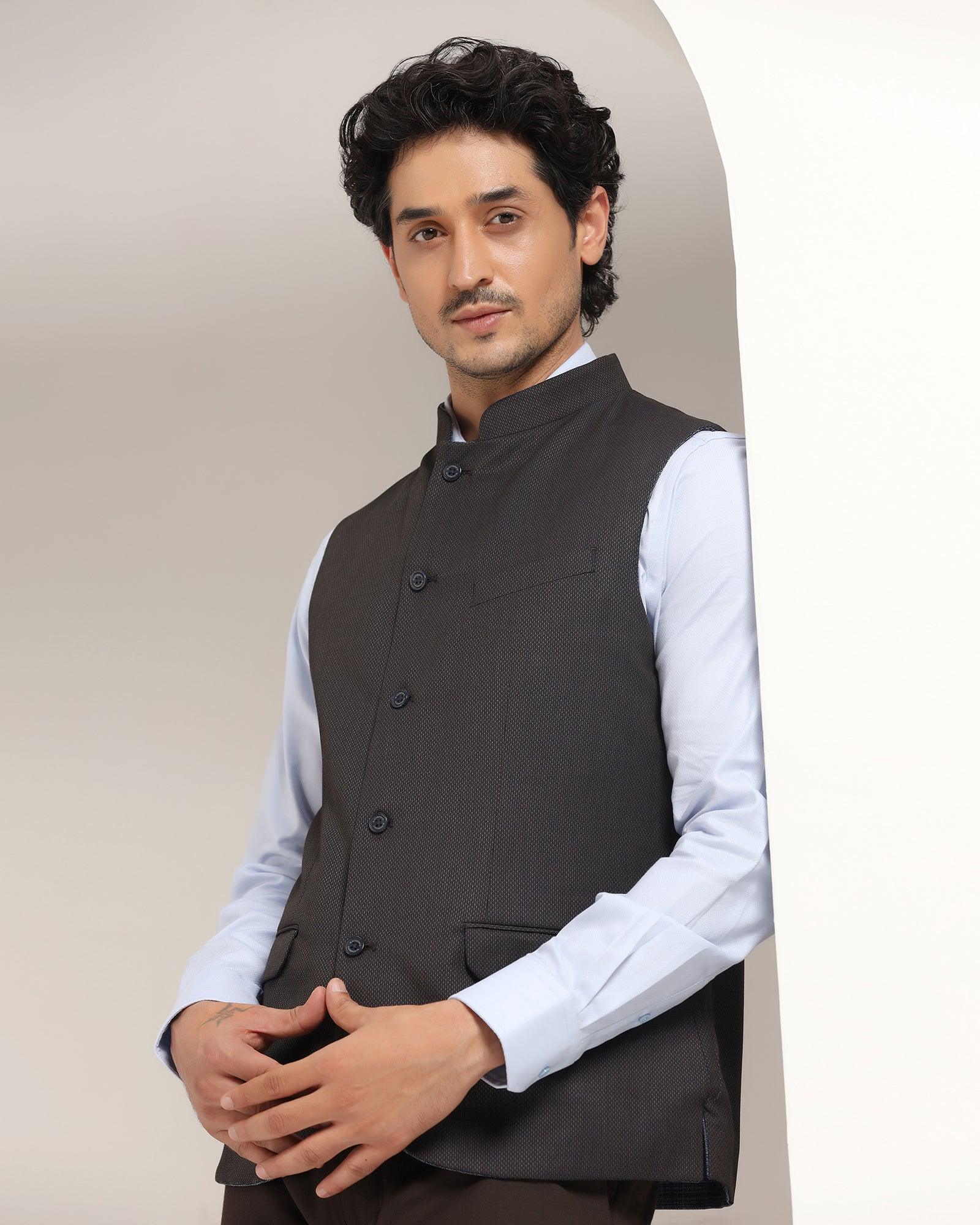 Bandhgala Formal Navy Textured Waistcoat - Kafka - Blackberrys