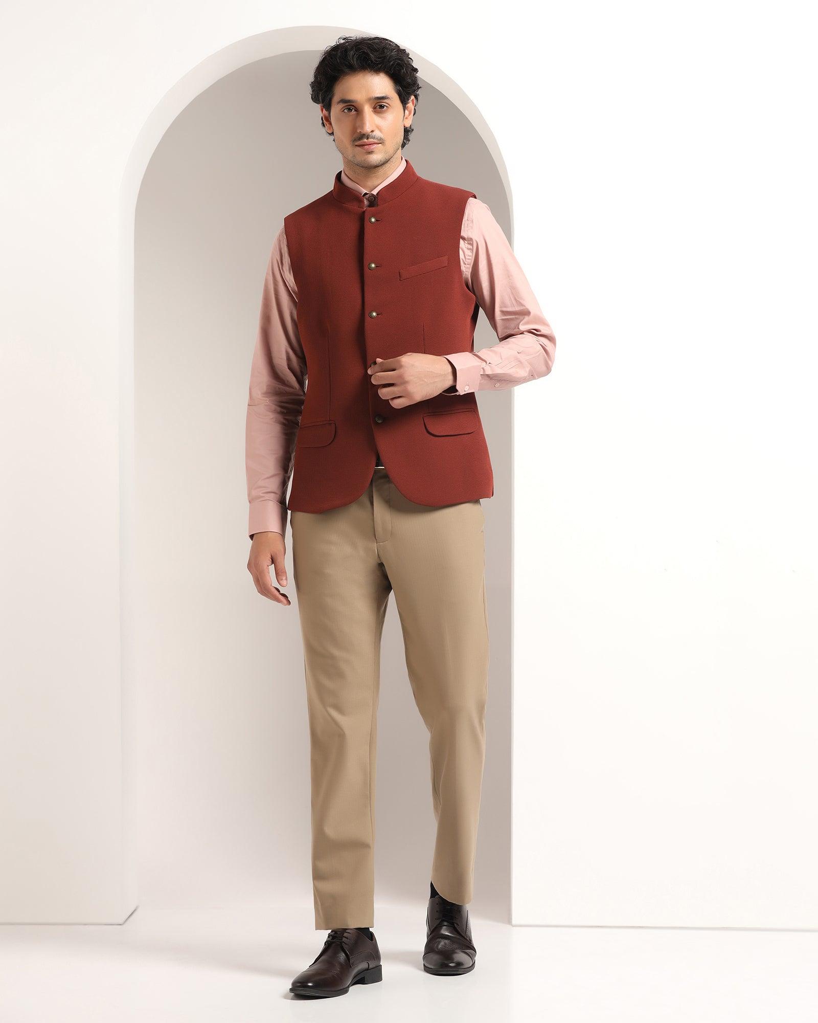 Bandhgala Formal Rust Textured Waistcoat - Echo - Blackberrys