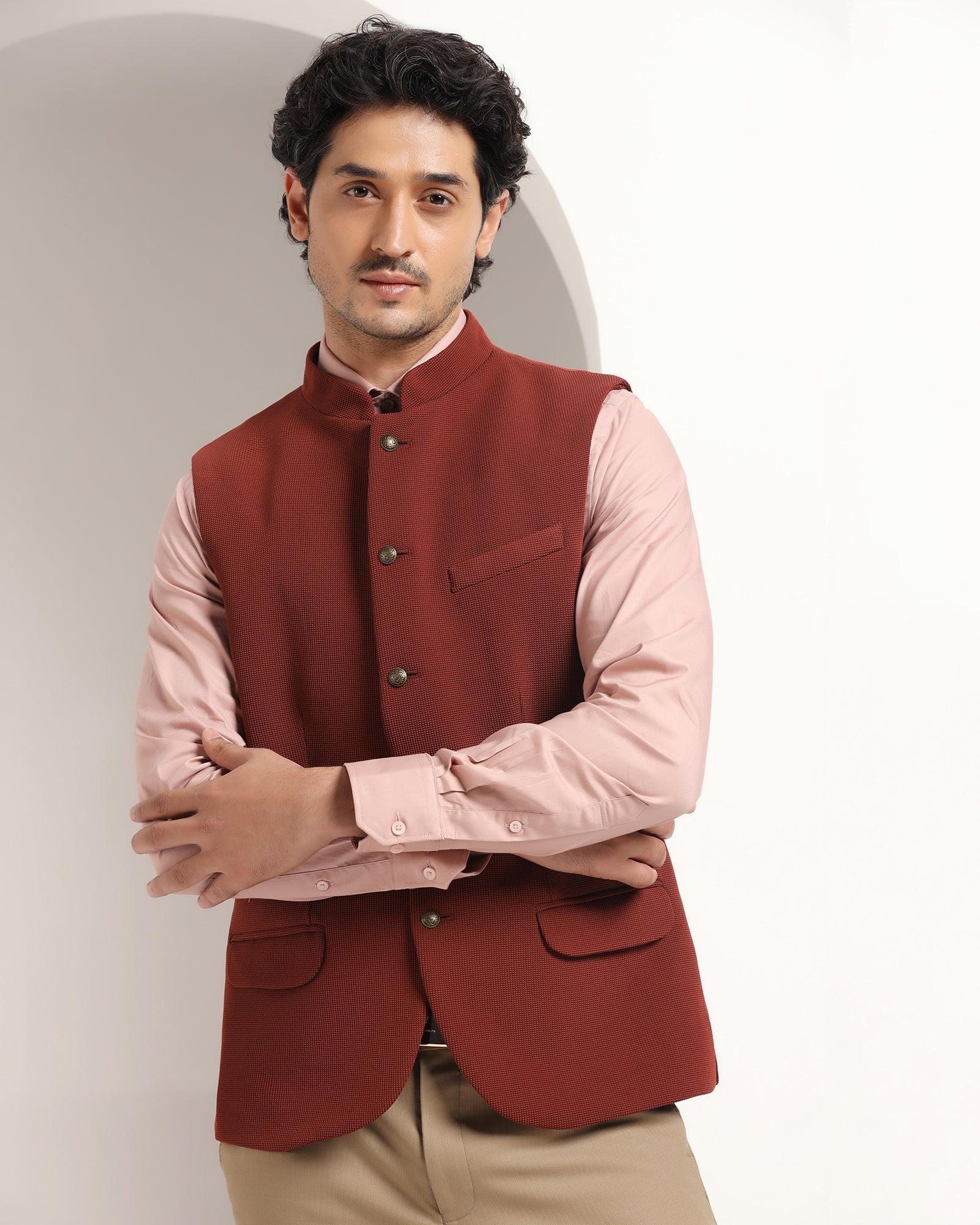 Bandhgala Formal Rust Textured Waistcoat - Echo - Blackberrys
