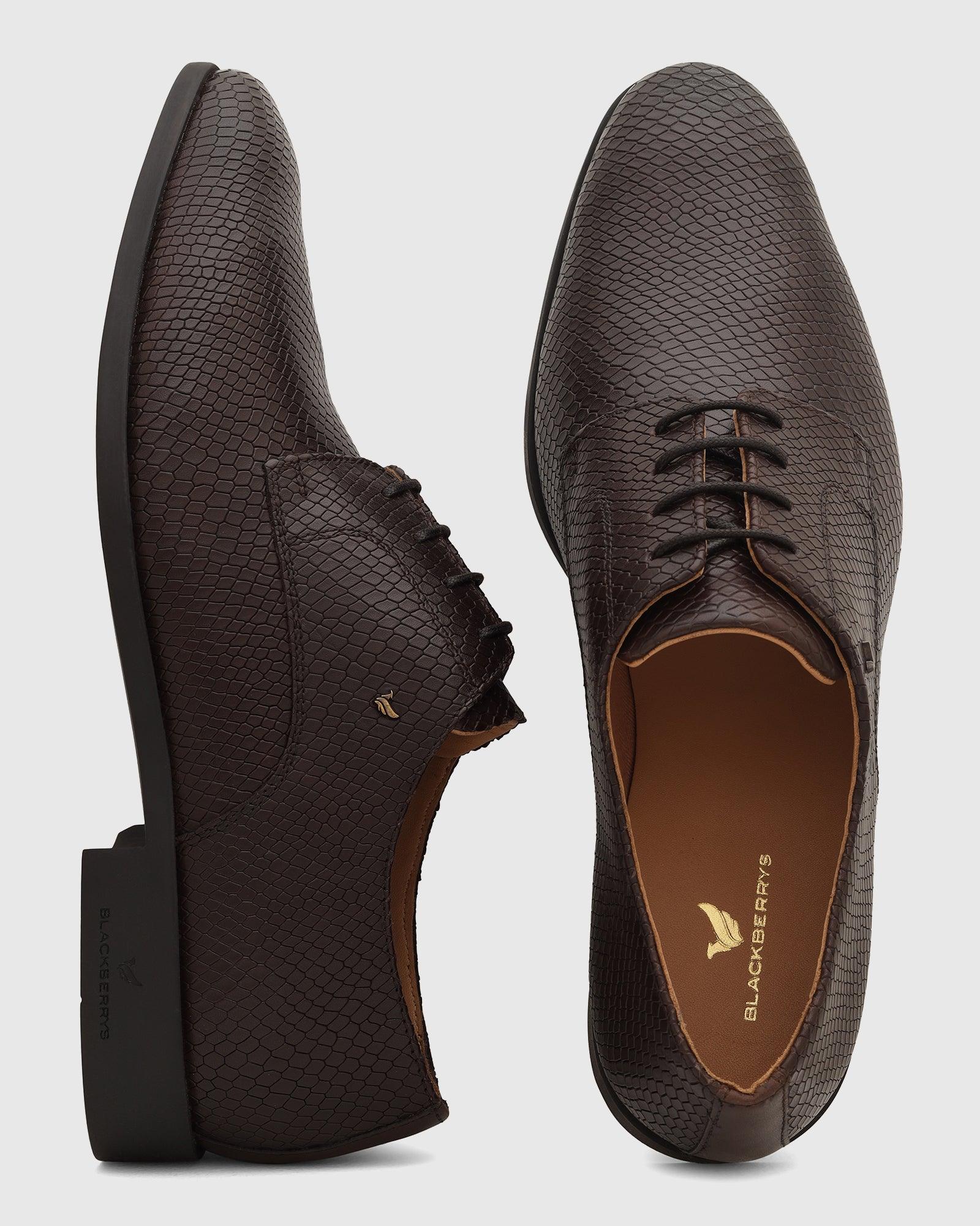 Leather Dark Brown Textured Derby Shoes - Razor - Blackberrys