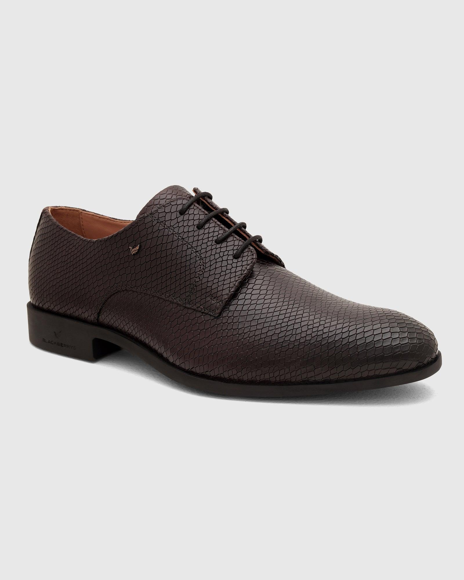 Leather Dark Brown Textured Derby Shoes - Razor - Blackberrys