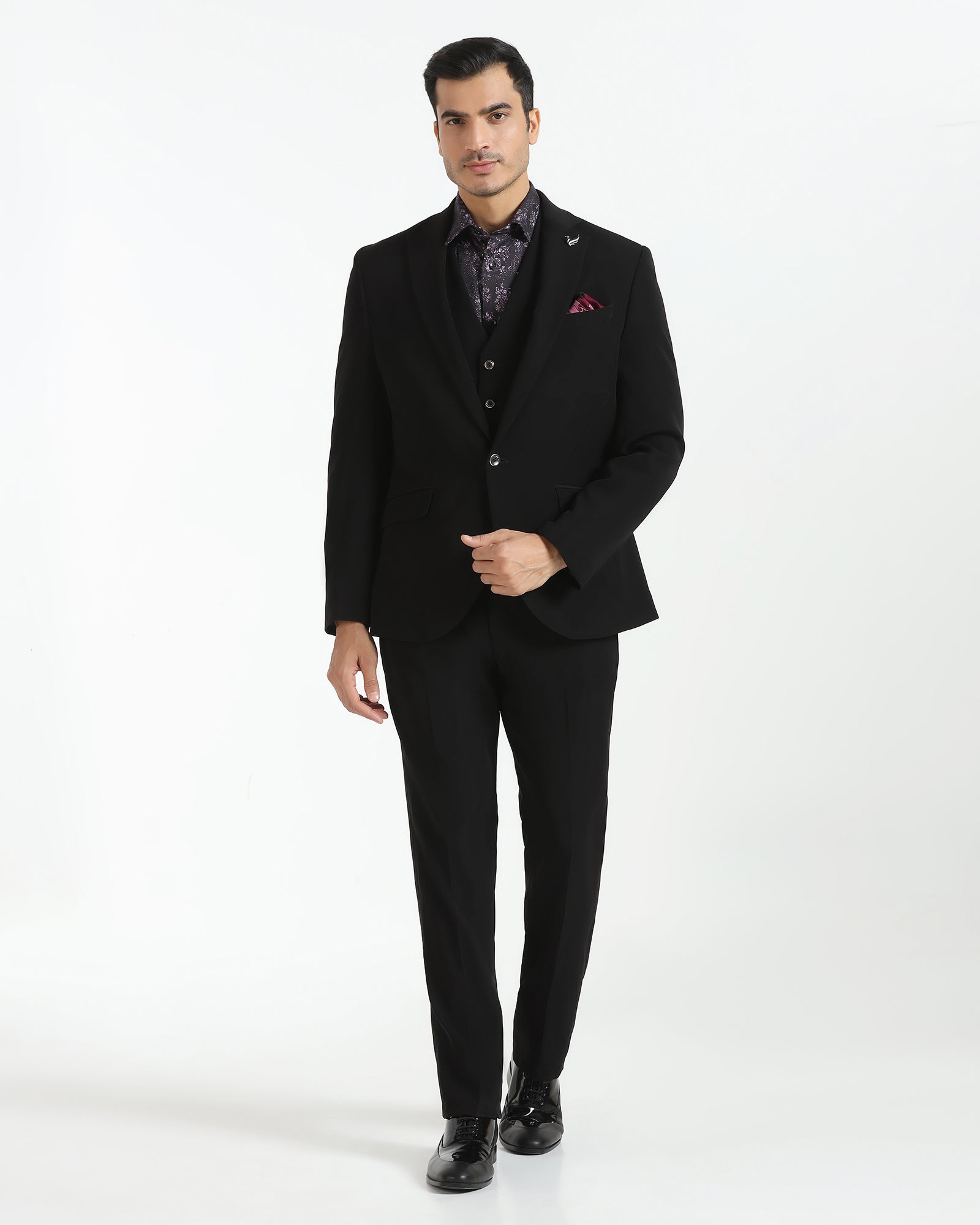 Three Piece Black Solid Formal Suit - Rostov