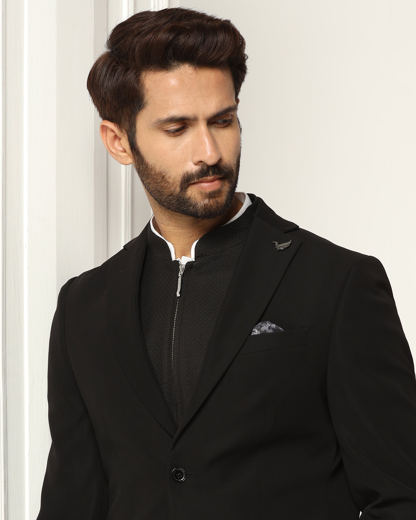 Three Piece Black Textured Formal Suit - Josfer