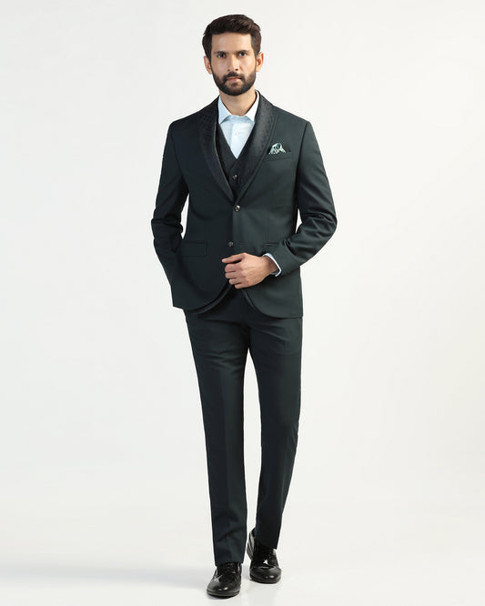 Three Piece Green Textured Formal Suit - Macren
