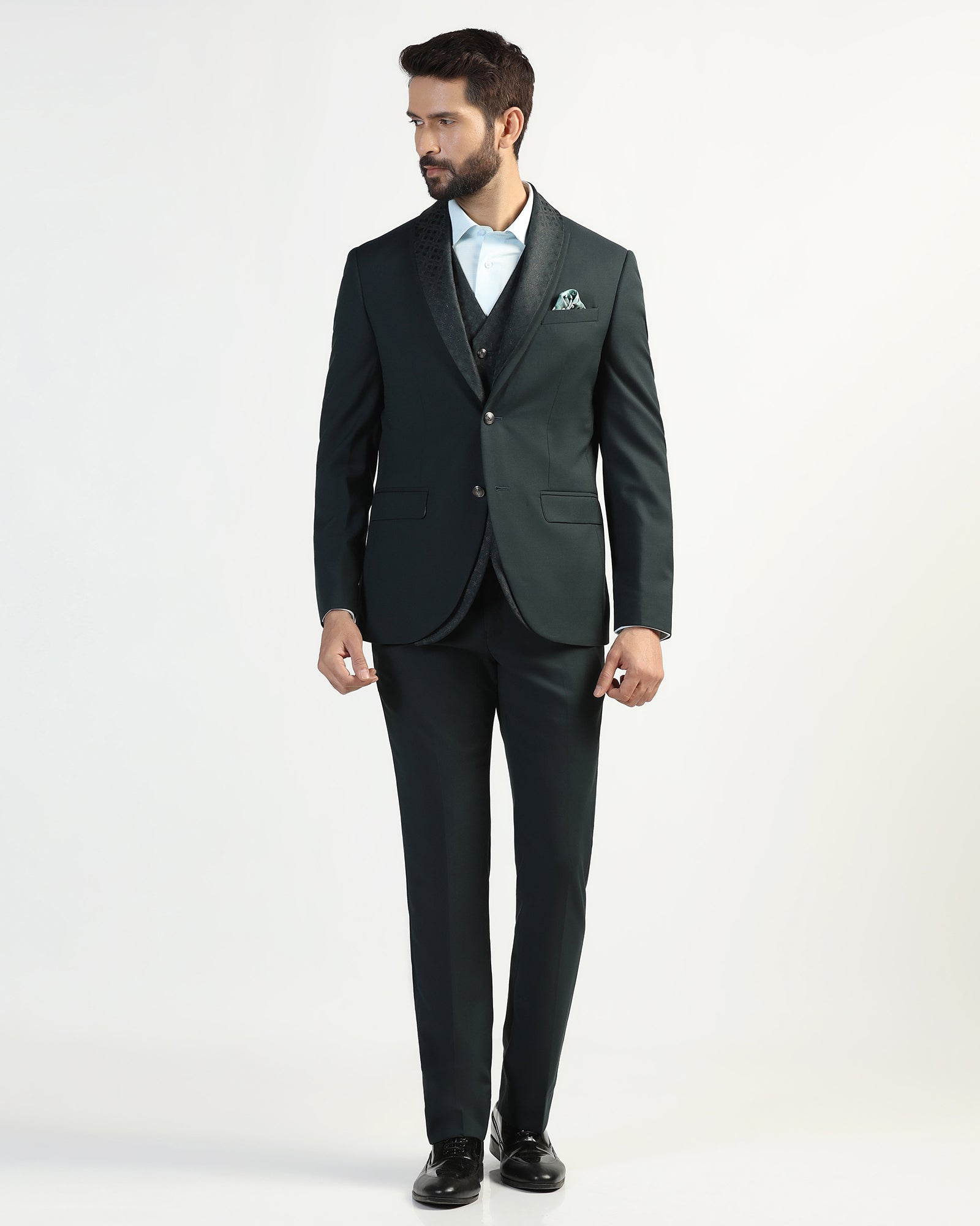 Three Piece Green Textured Formal Suit - Macren