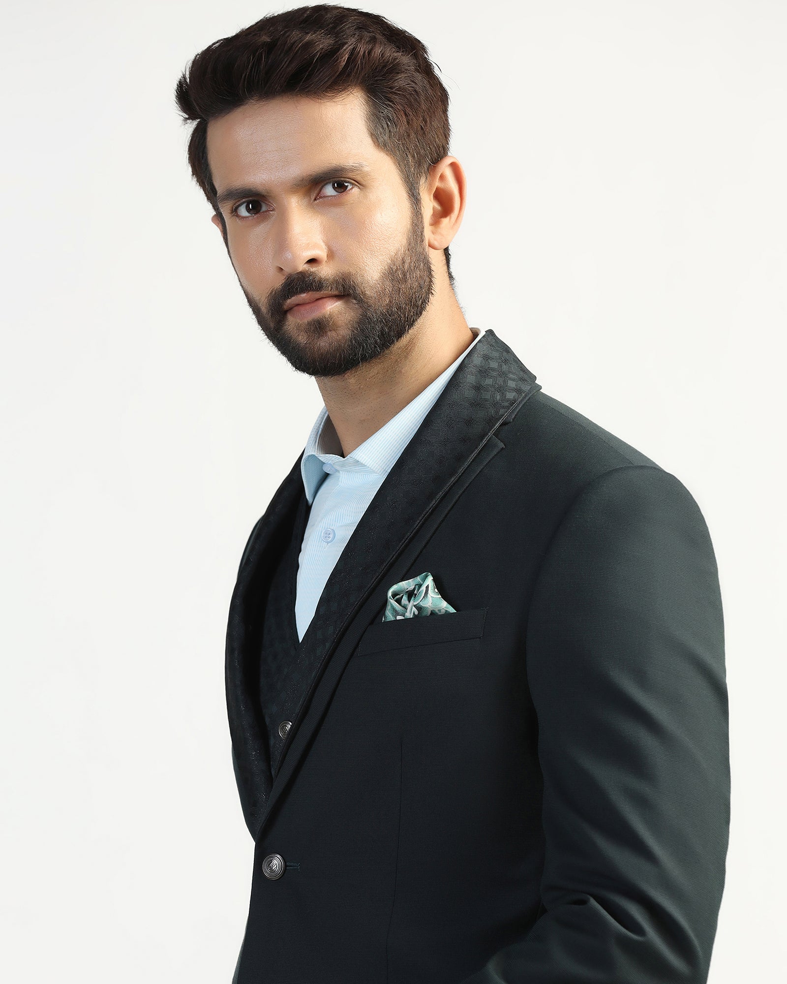 Three Piece Green Textured Formal Suit - Macren