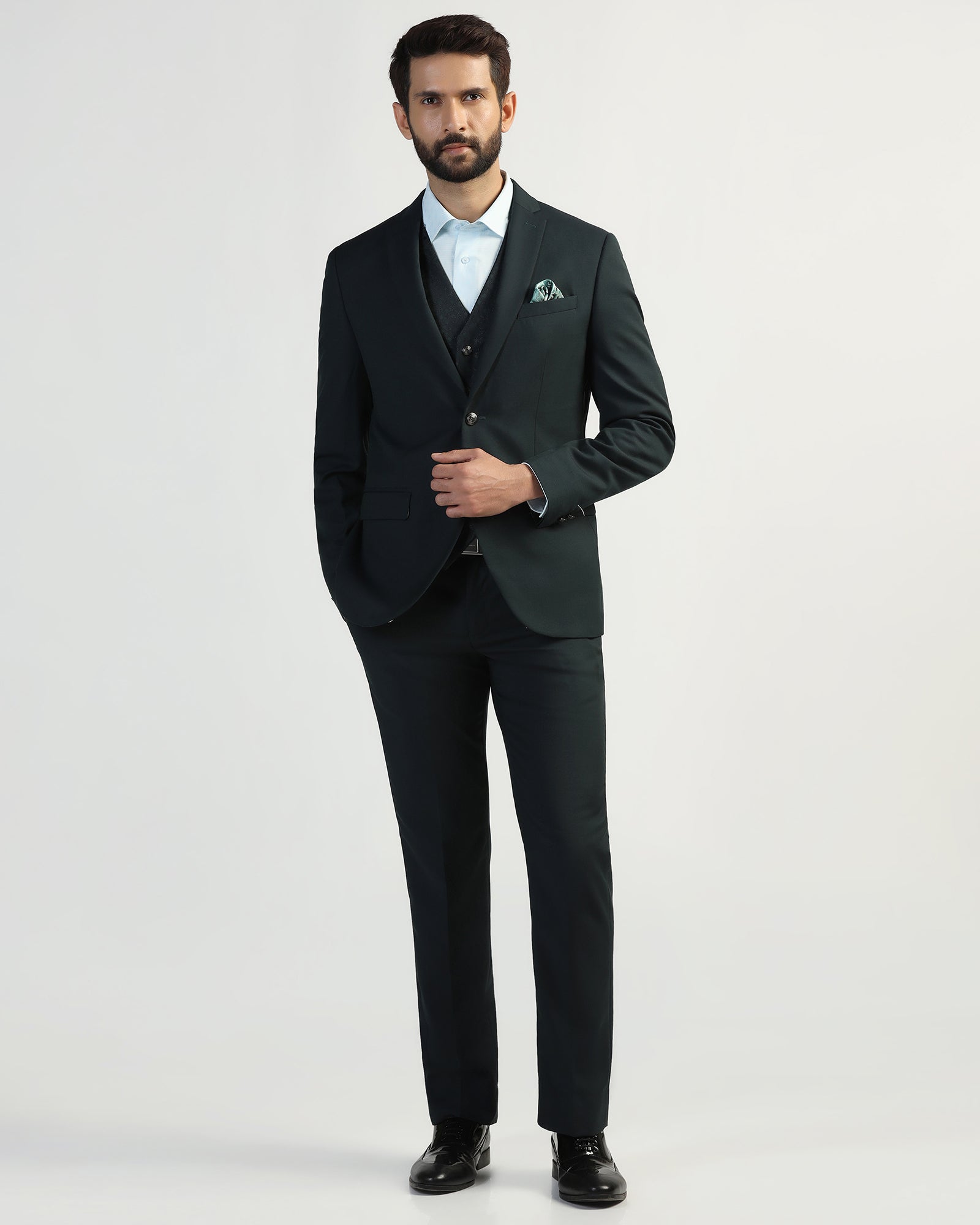 Three Piece Green Textured Formal Suit - Macren