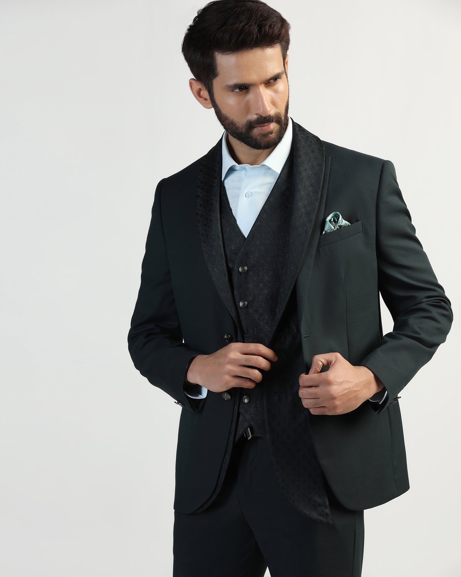 Three Piece Green Textured Formal Suit - Macren