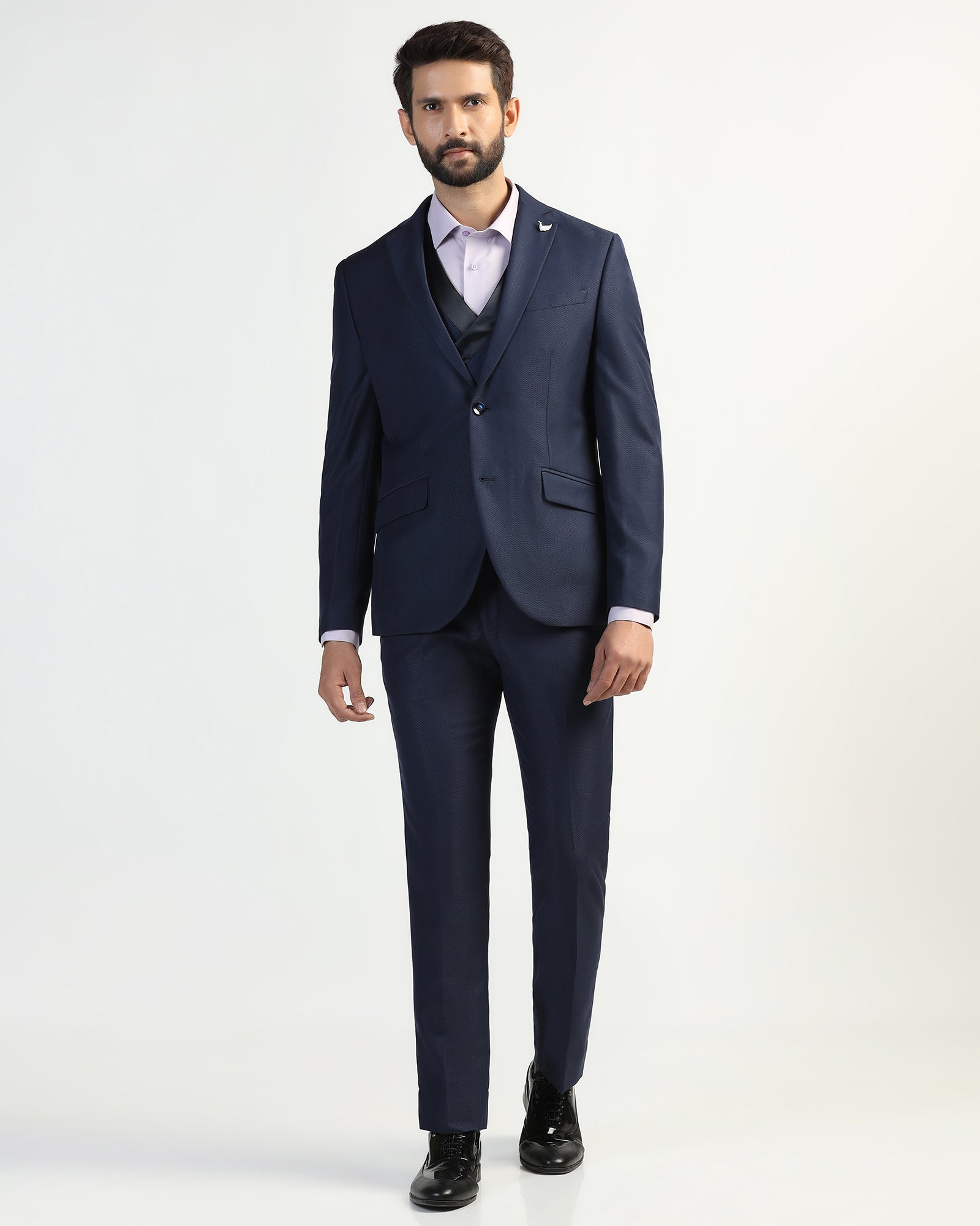 Three Piece Navy Textured Formal Suit - Helter