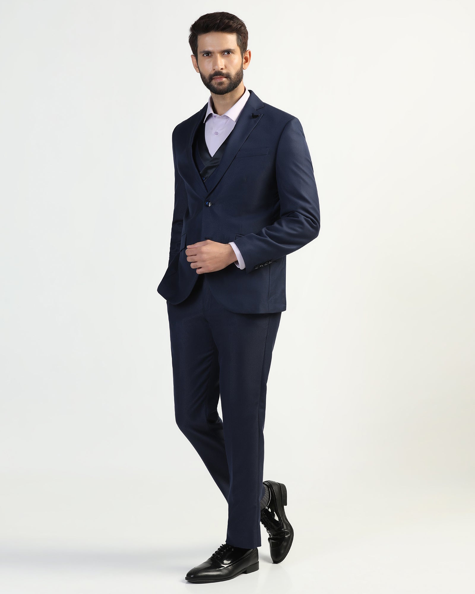 Three Piece Navy Textured Formal Suit - Helter