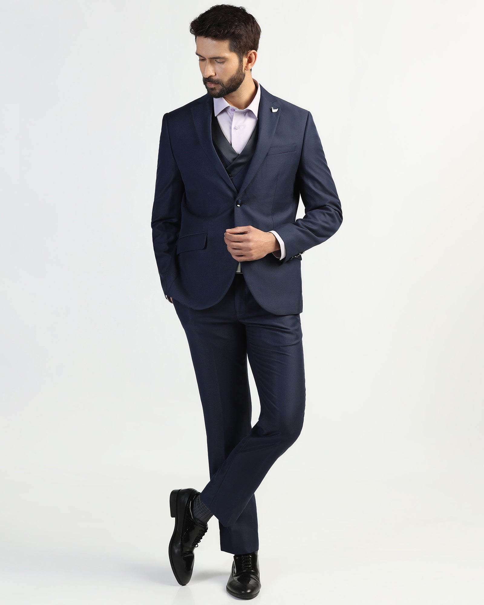 Three Piece Navy Textured Formal Suit - Helter