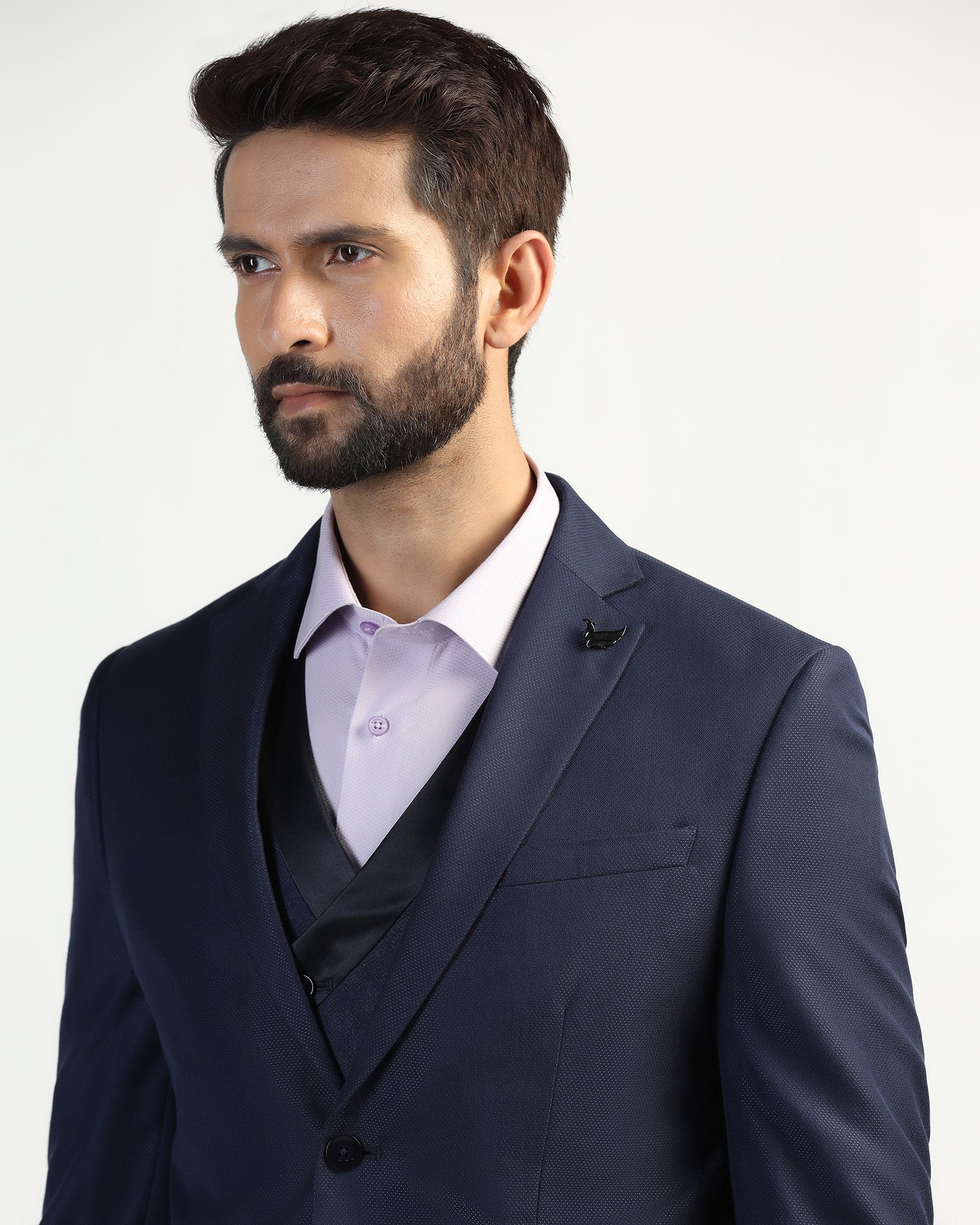 Three Piece Navy Textured Formal Suit - Helter