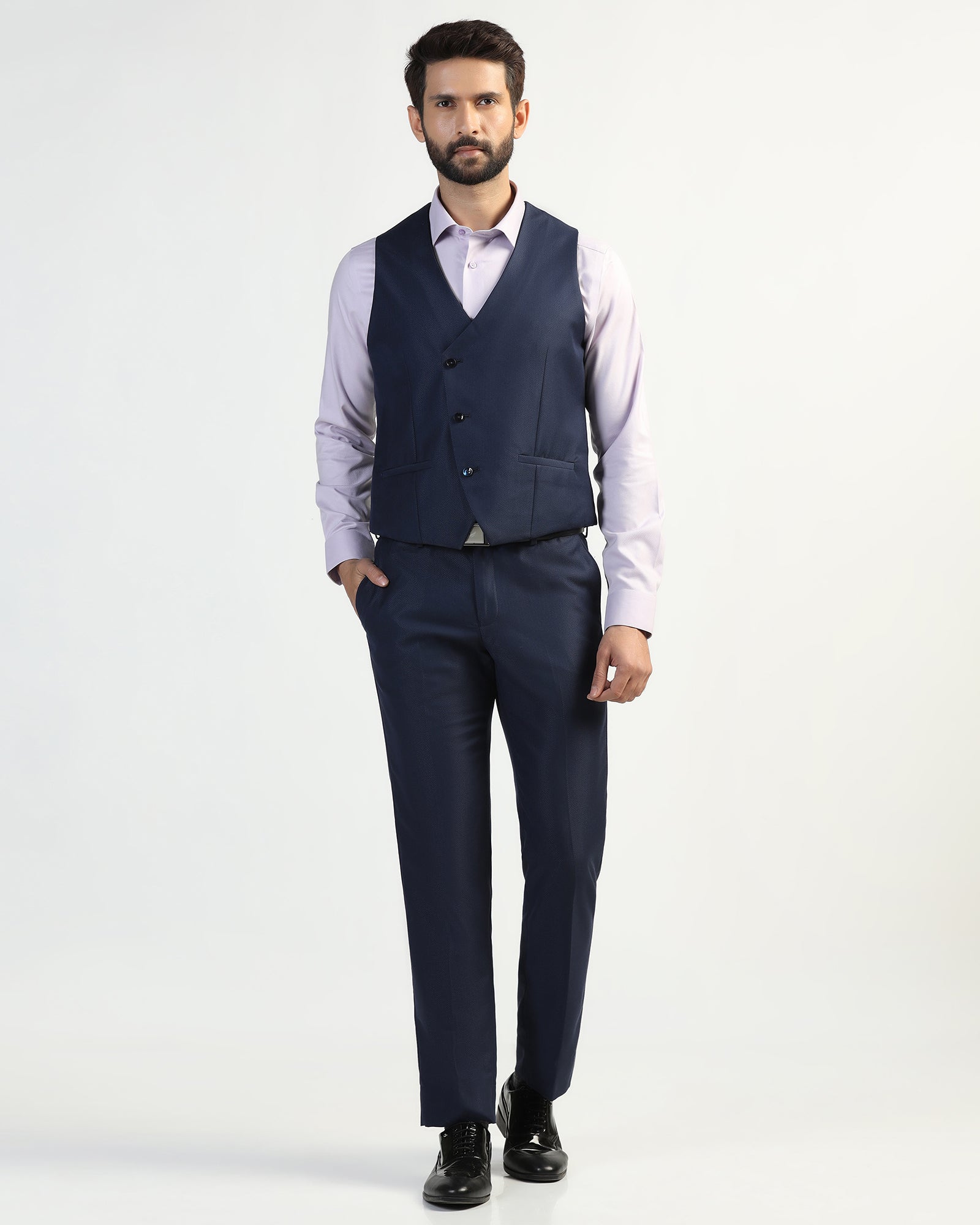 Three Piece Navy Textured Formal Suit - Helter