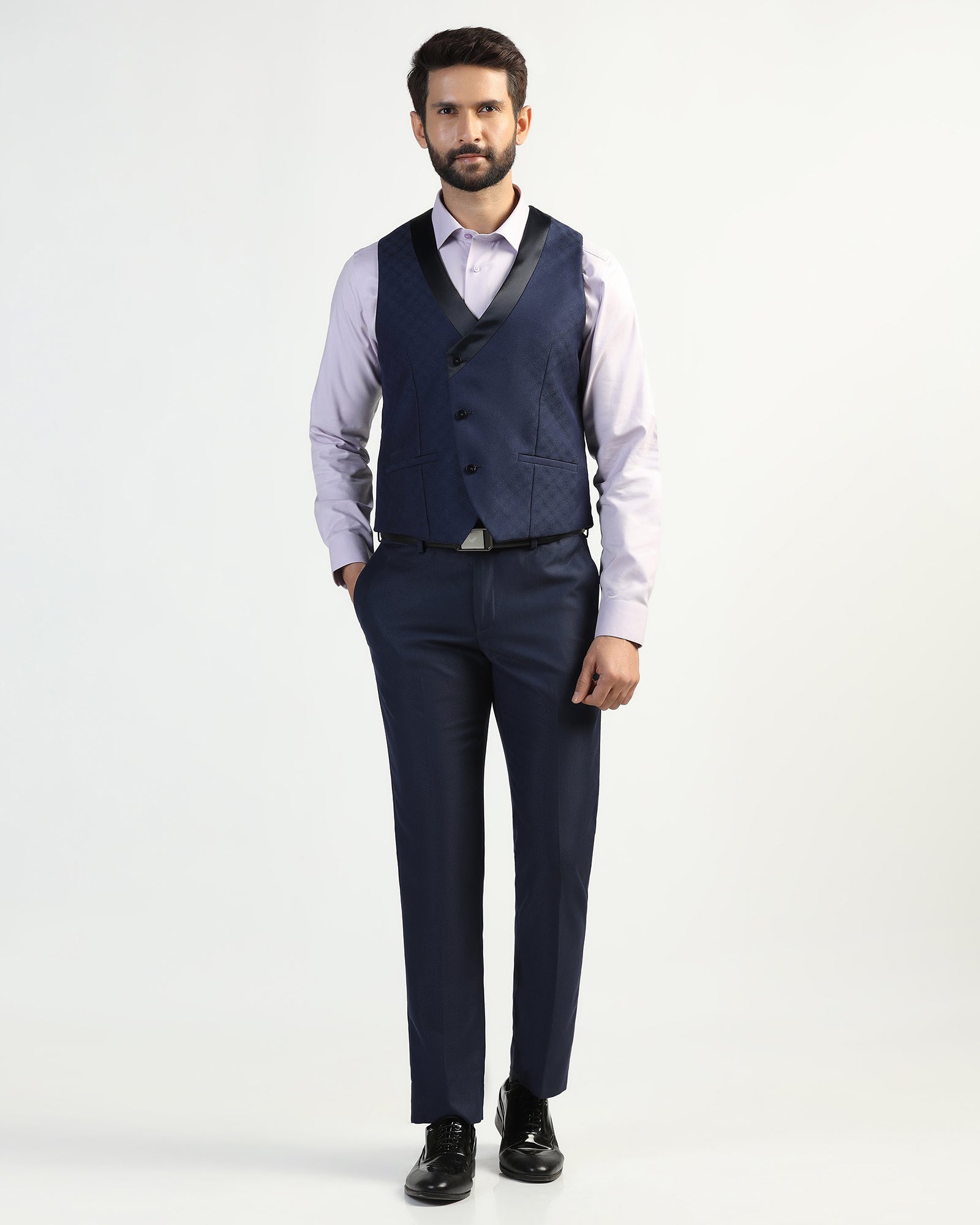 Three Piece Navy Textured Formal Suit - Helter