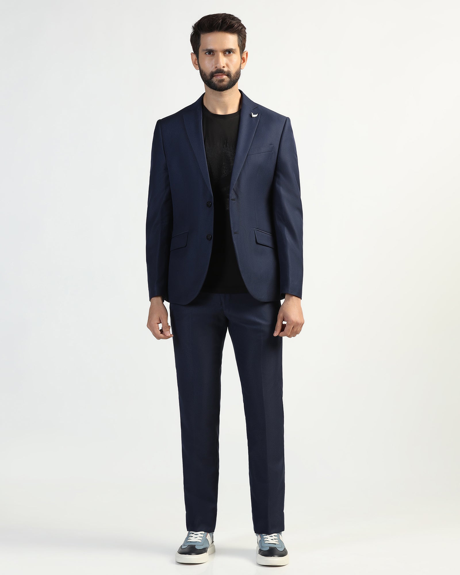 Three Piece Navy Textured Formal Suit - Helter