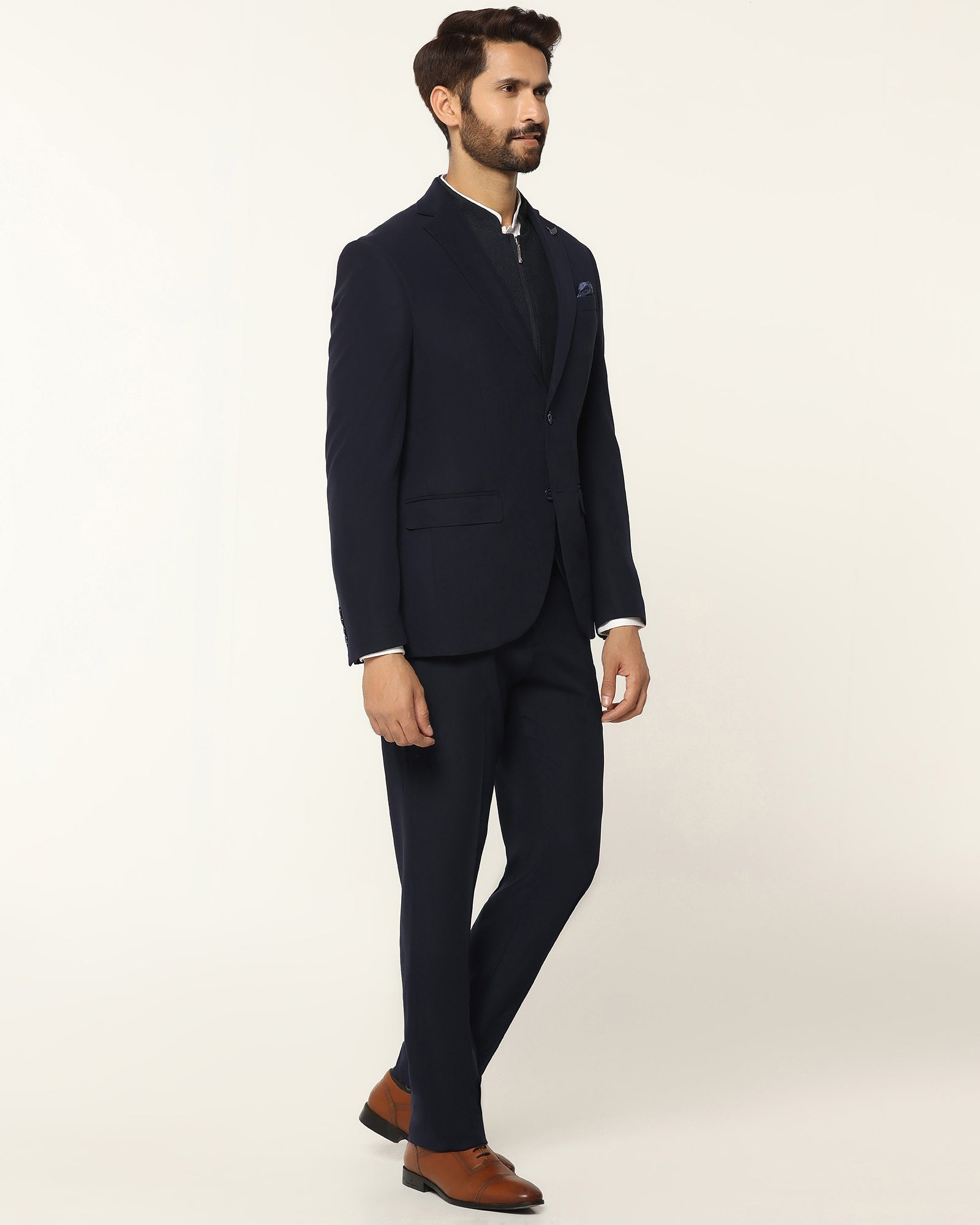 Three Piece Navy Textured Formal Suit - Josfer