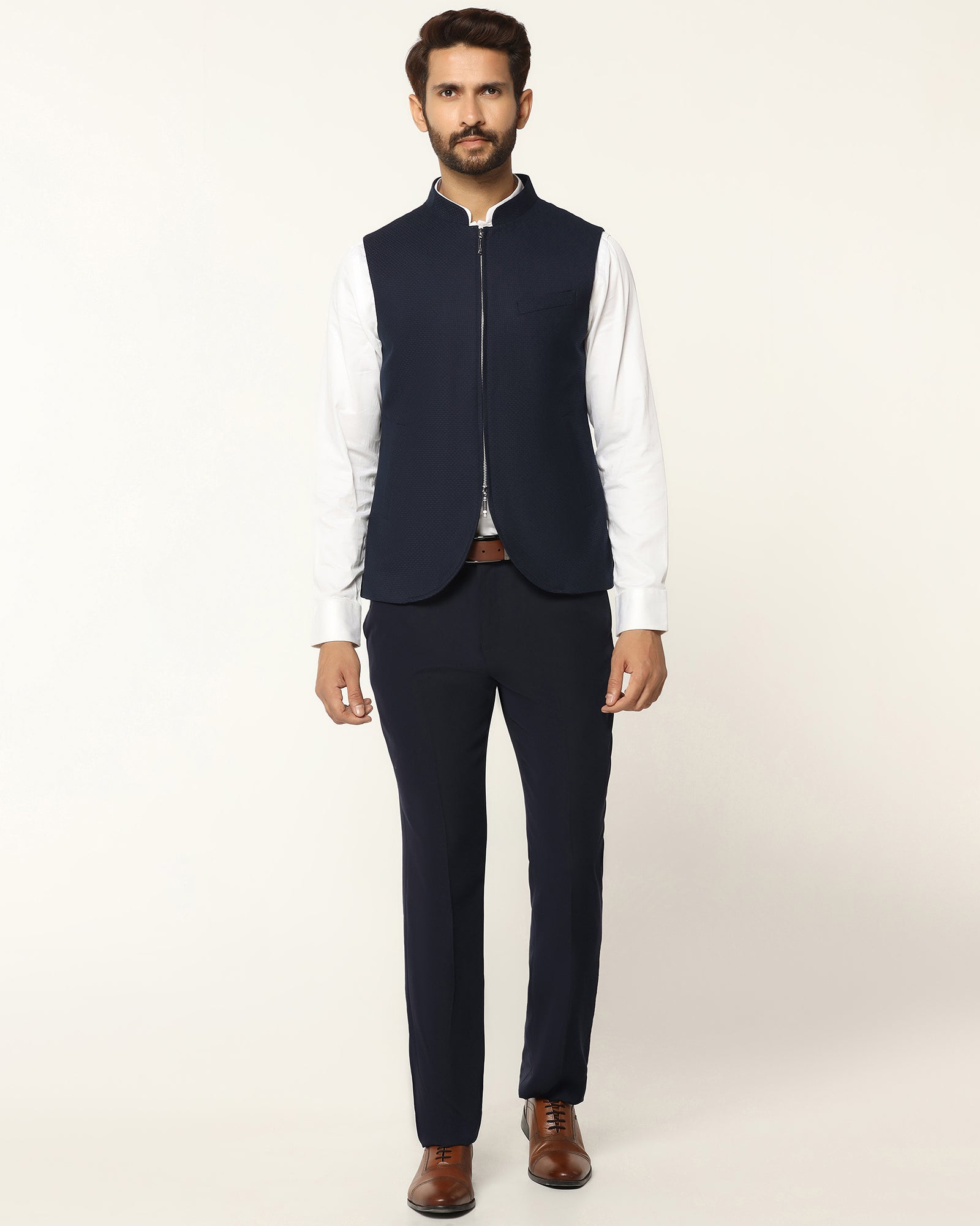 Three Piece Navy Textured Formal Suit - Josfer