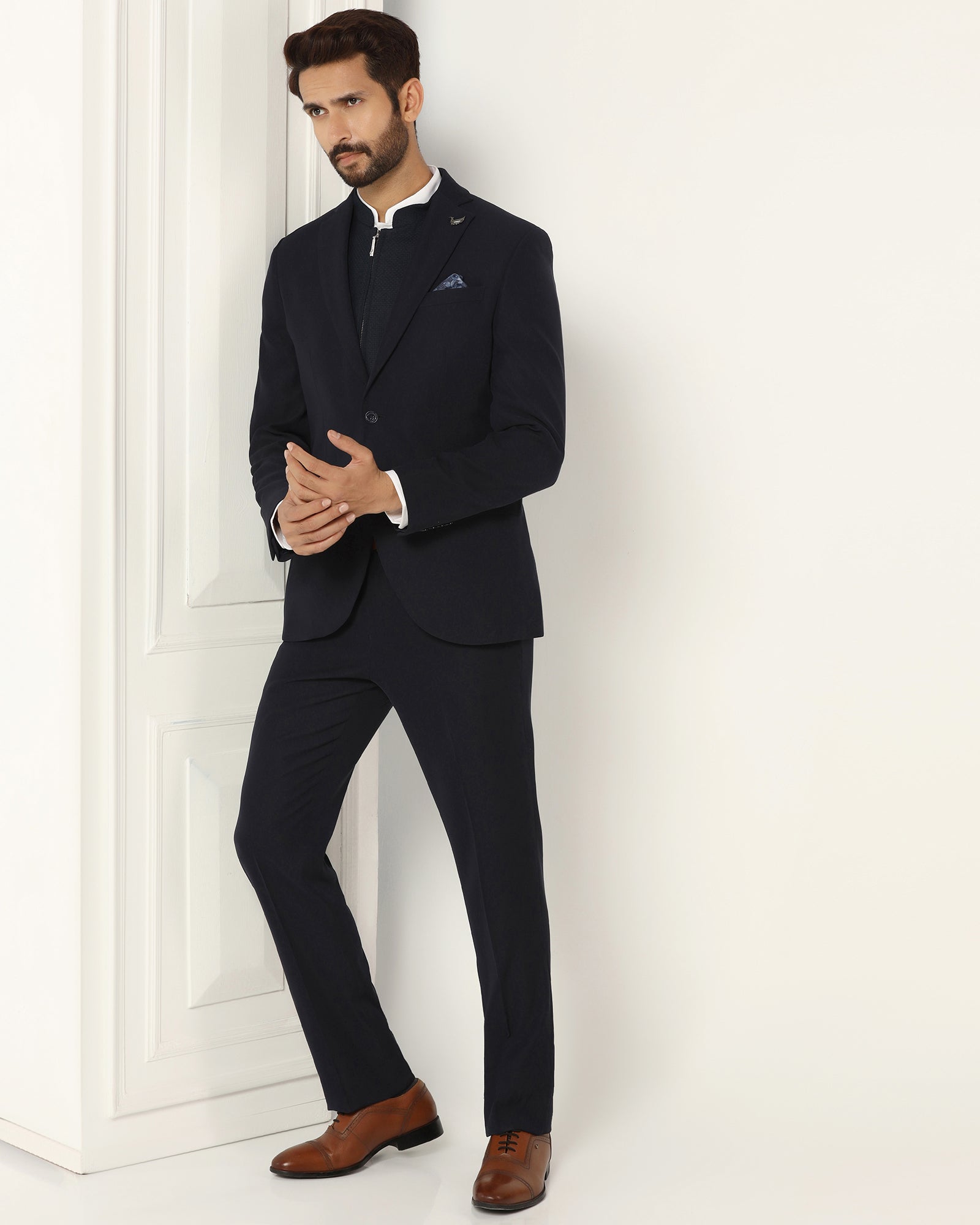 Three Piece Navy Textured Formal Suit - Josfer