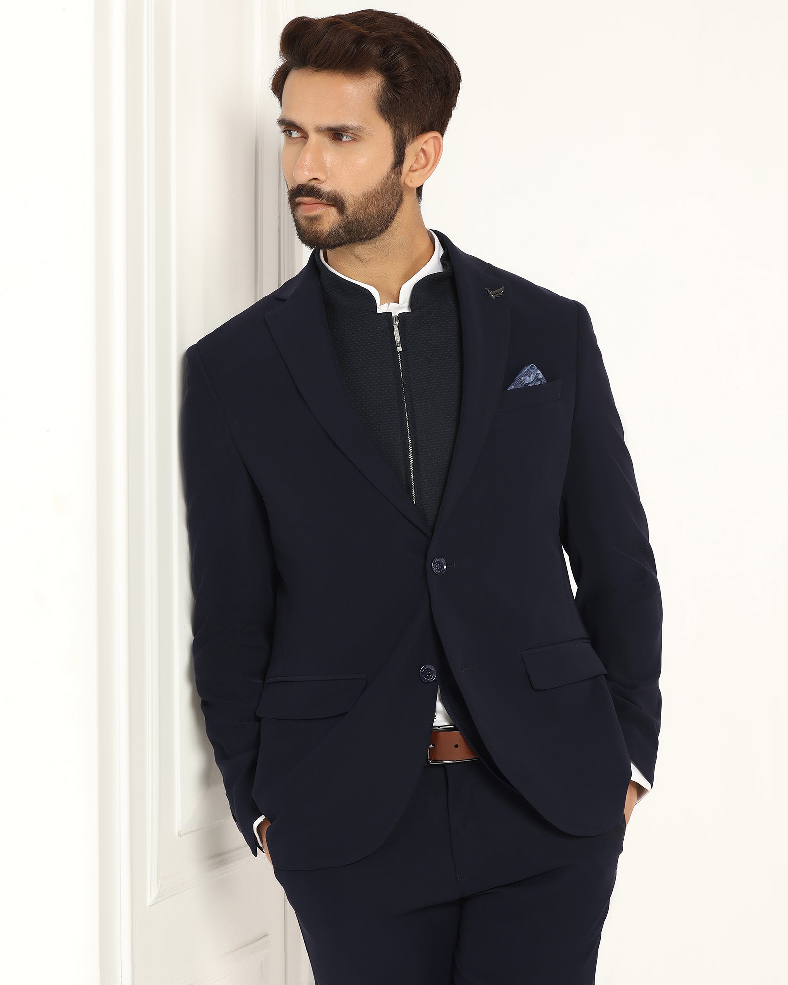 Three Piece Navy Textured Formal Suit - Josfer
