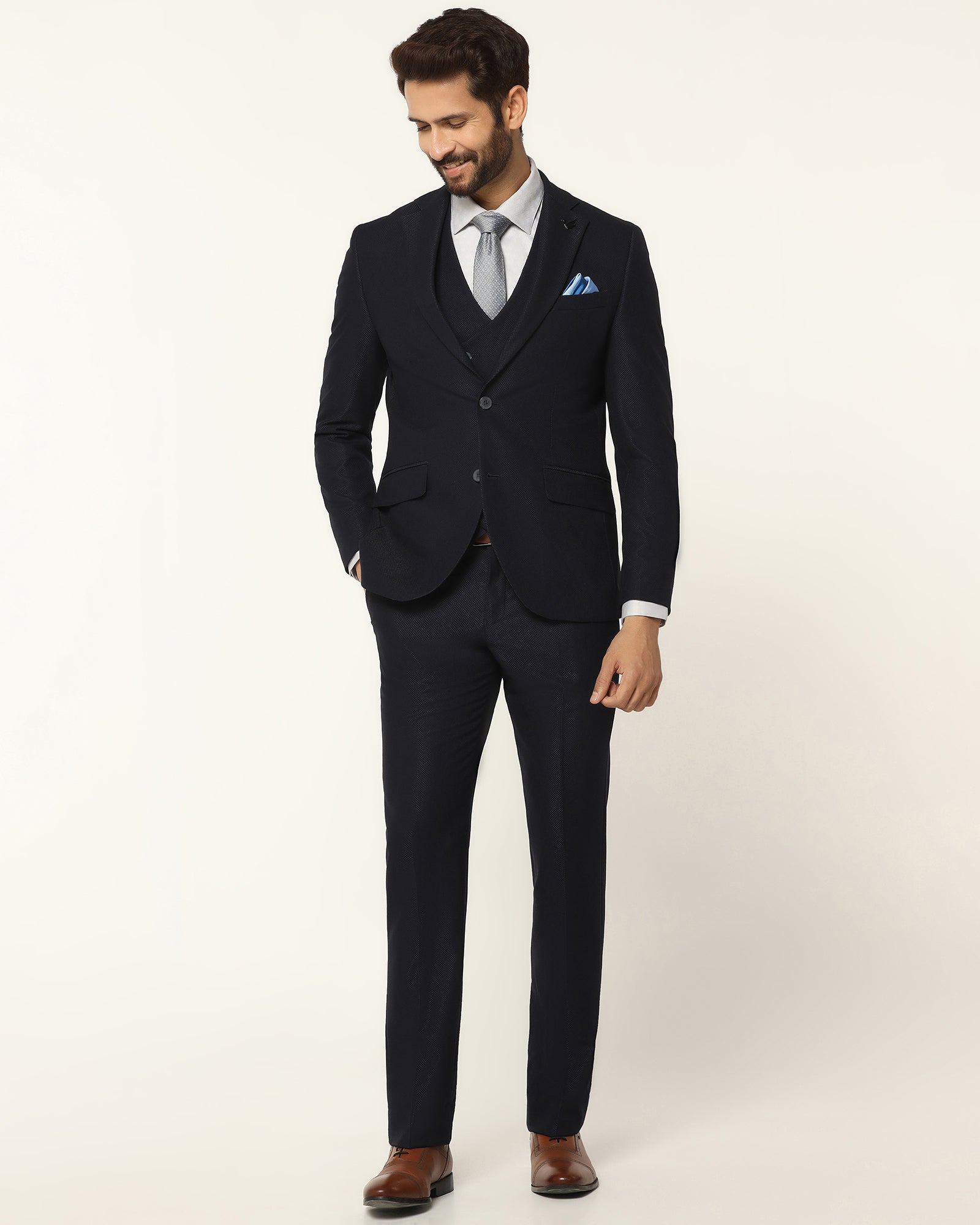 Three Piece Navy Textured Formal Suit - Kennie