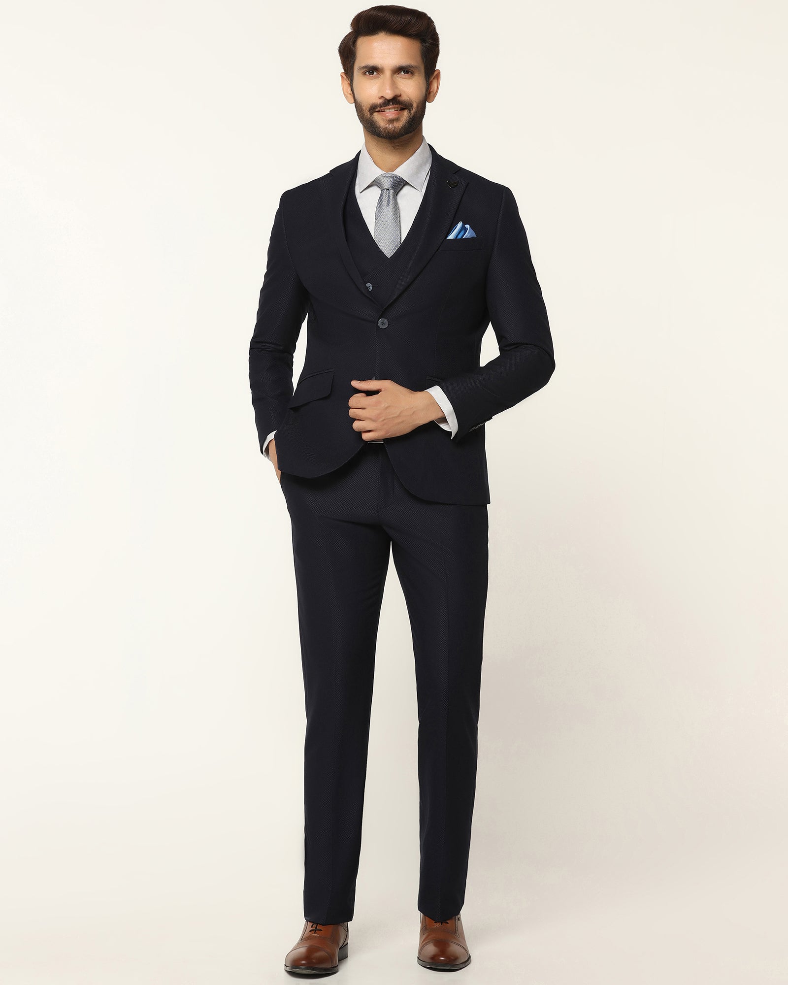 Three Piece Navy Textured Formal Suit - Kennie