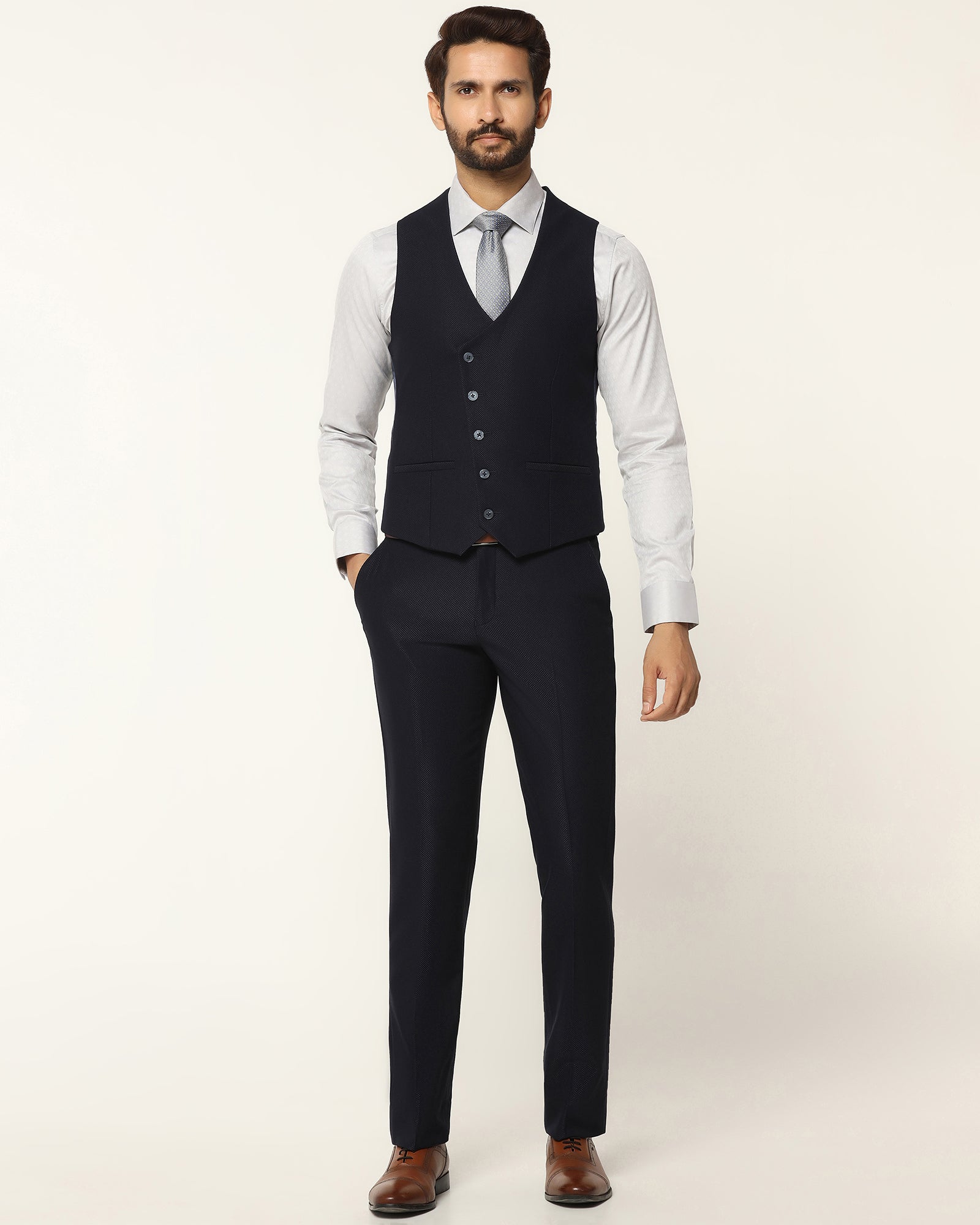 Three Piece Navy Textured Formal Suit - Kennie
