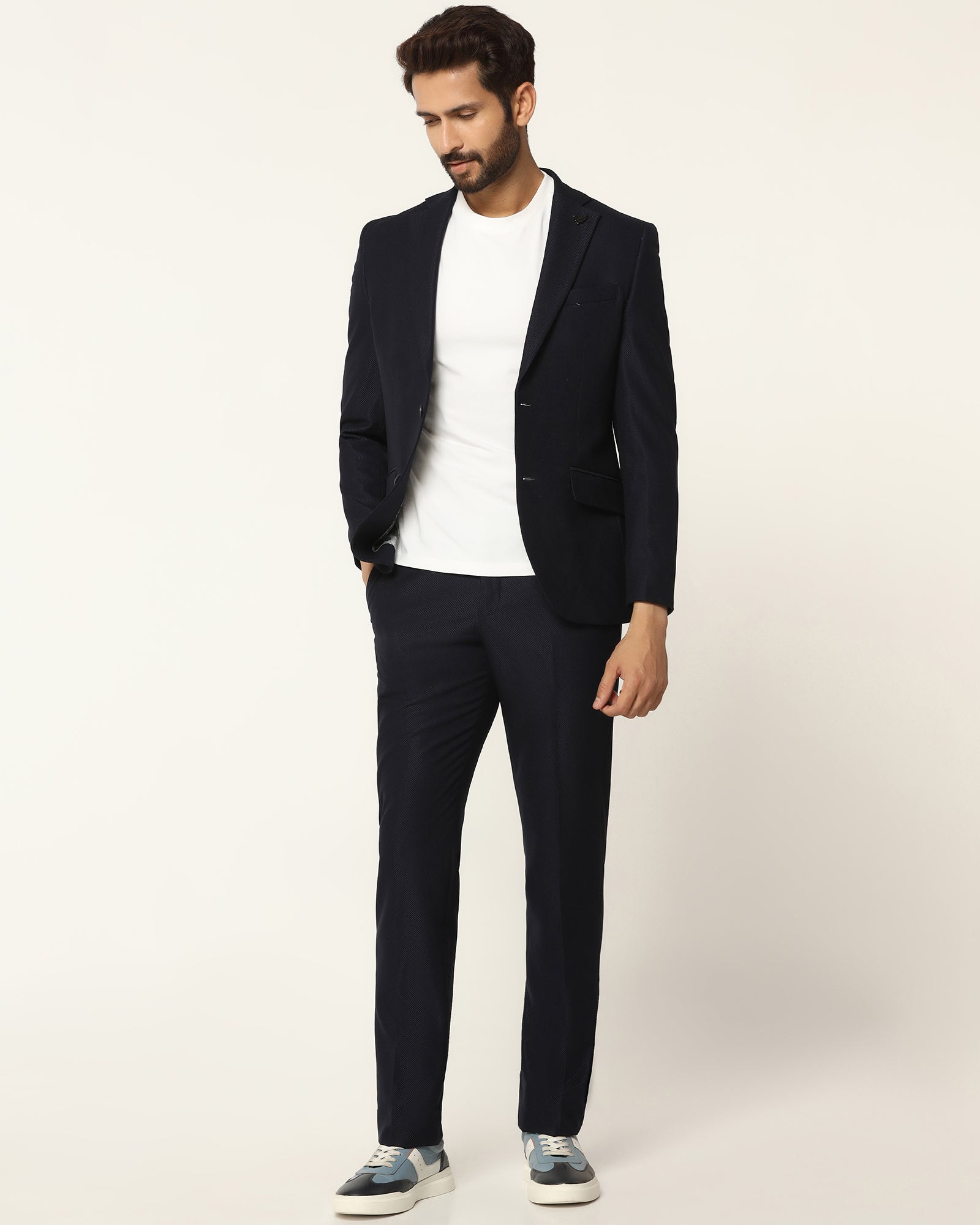 Three Piece Navy Textured Formal Suit - Kennie