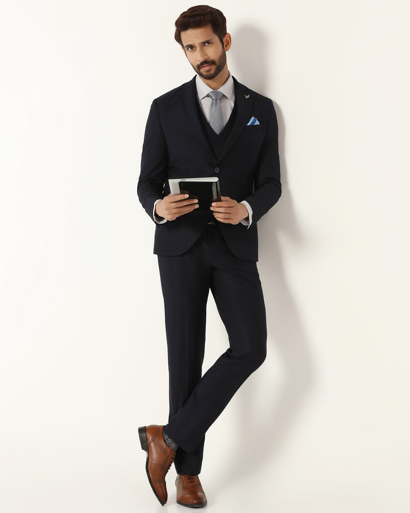 Three Piece Navy Textured Formal Suit - Kennie