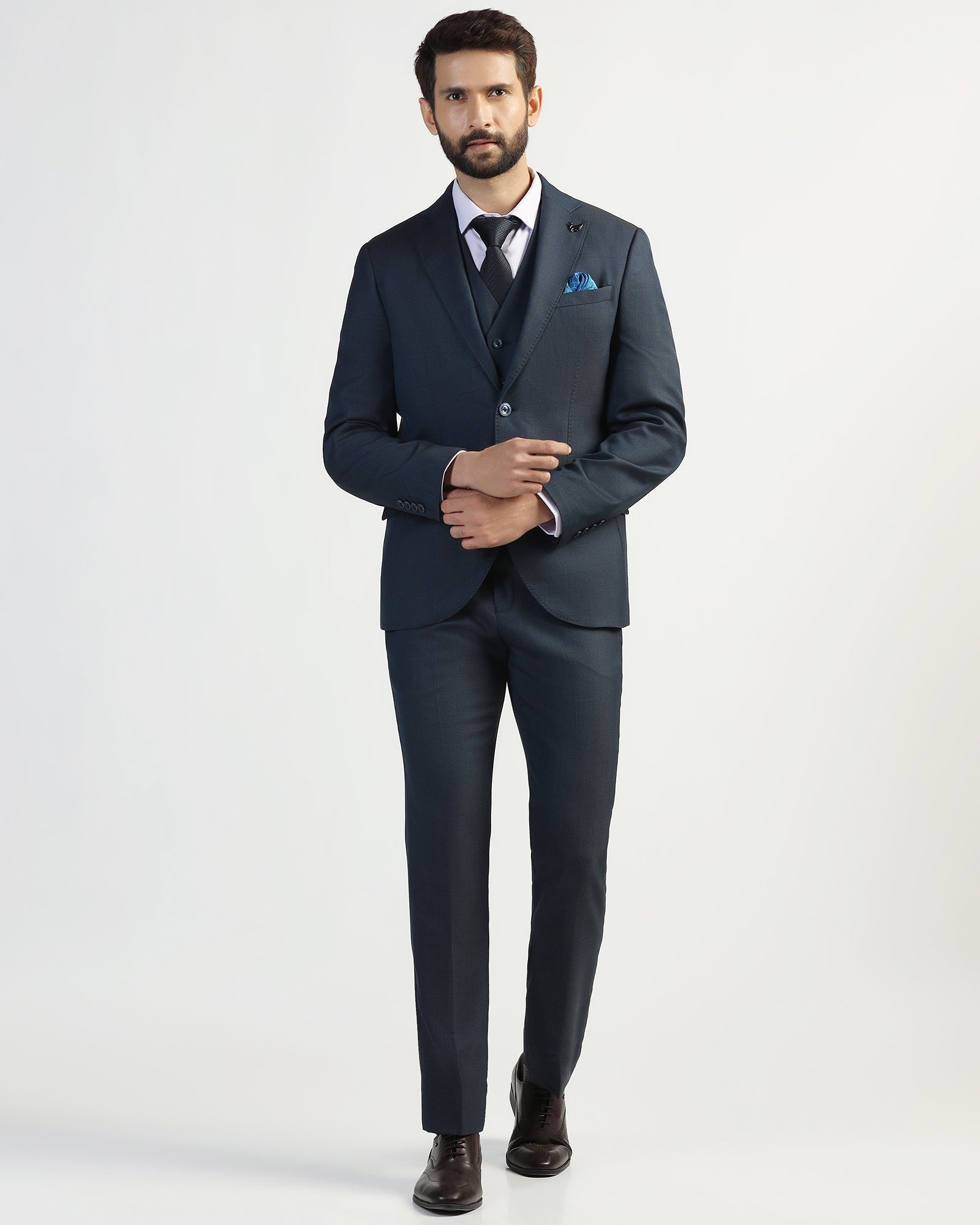 Three Piece Navy Textured Formal Suit - Kepner