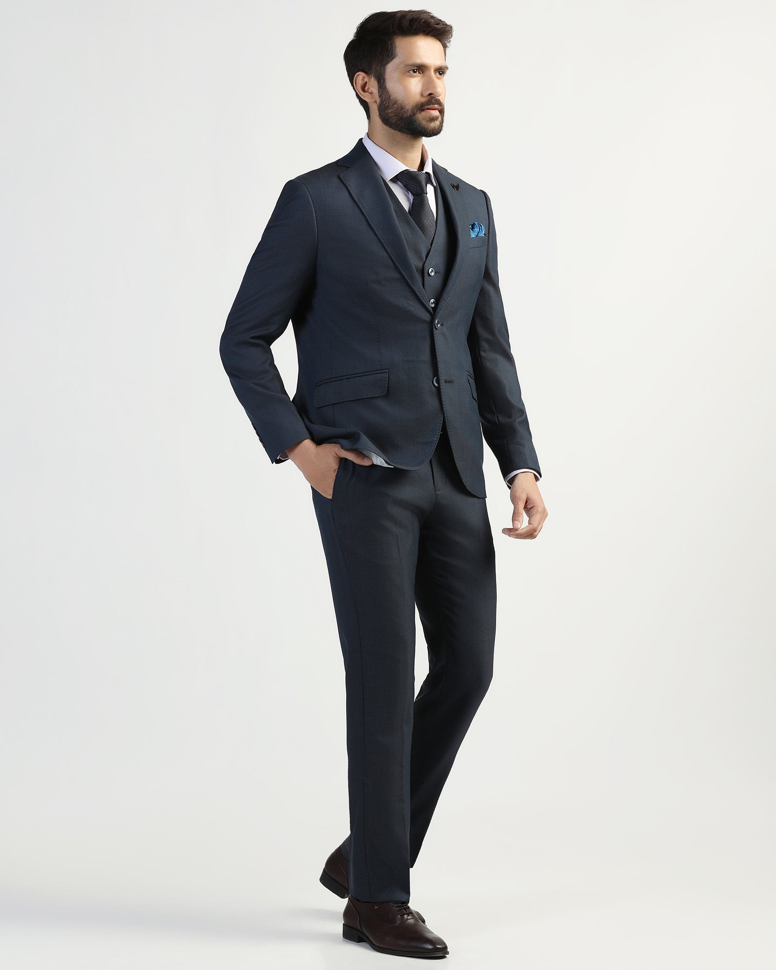 Three Piece Navy Textured Formal Suit - Kepner