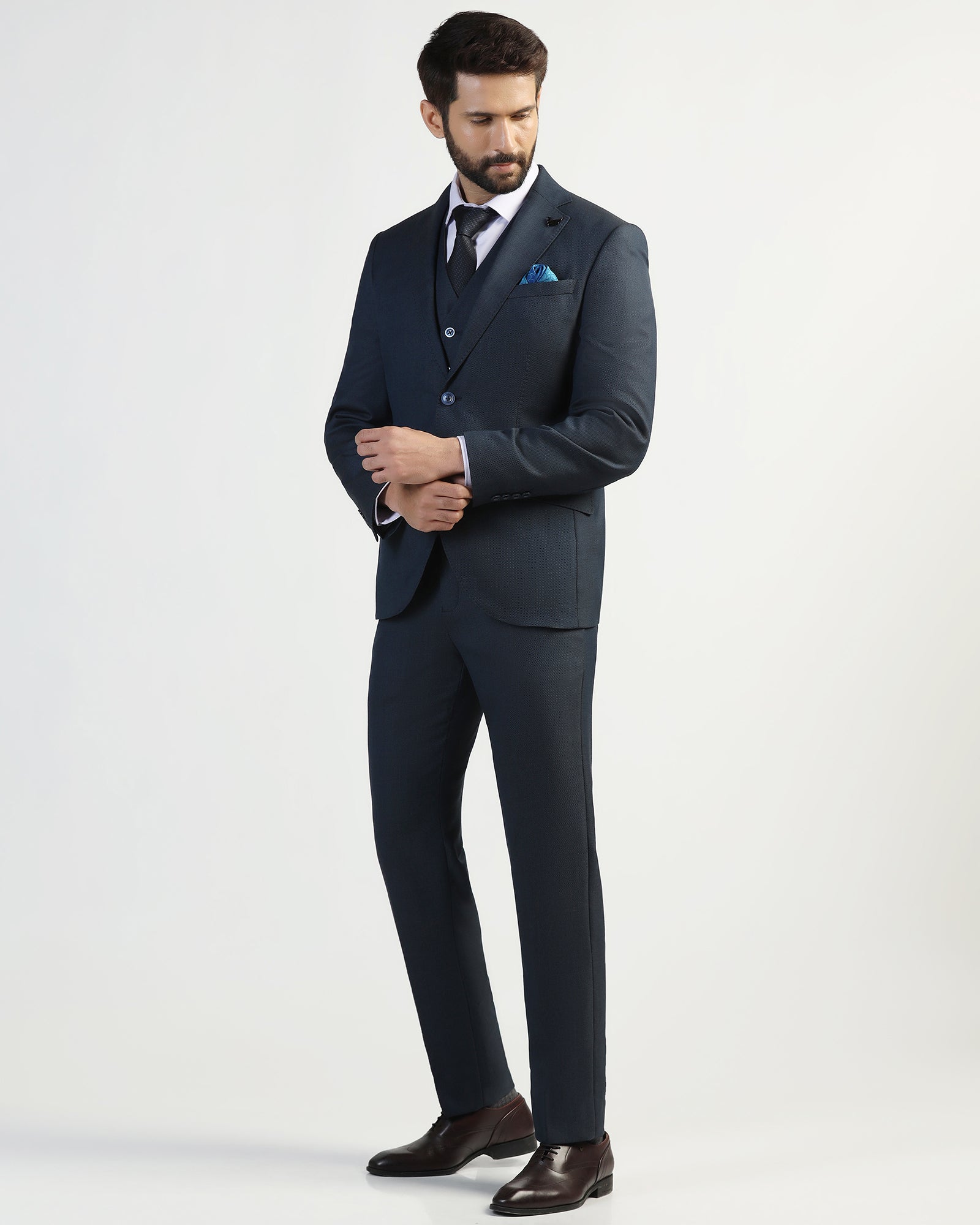 Three Piece Navy Textured Formal Suit - Kepner